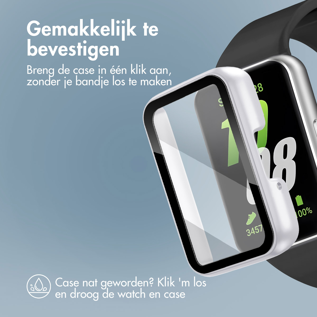 A white watch case is attached to a smart watch with a screen displaying numbers and a logo.