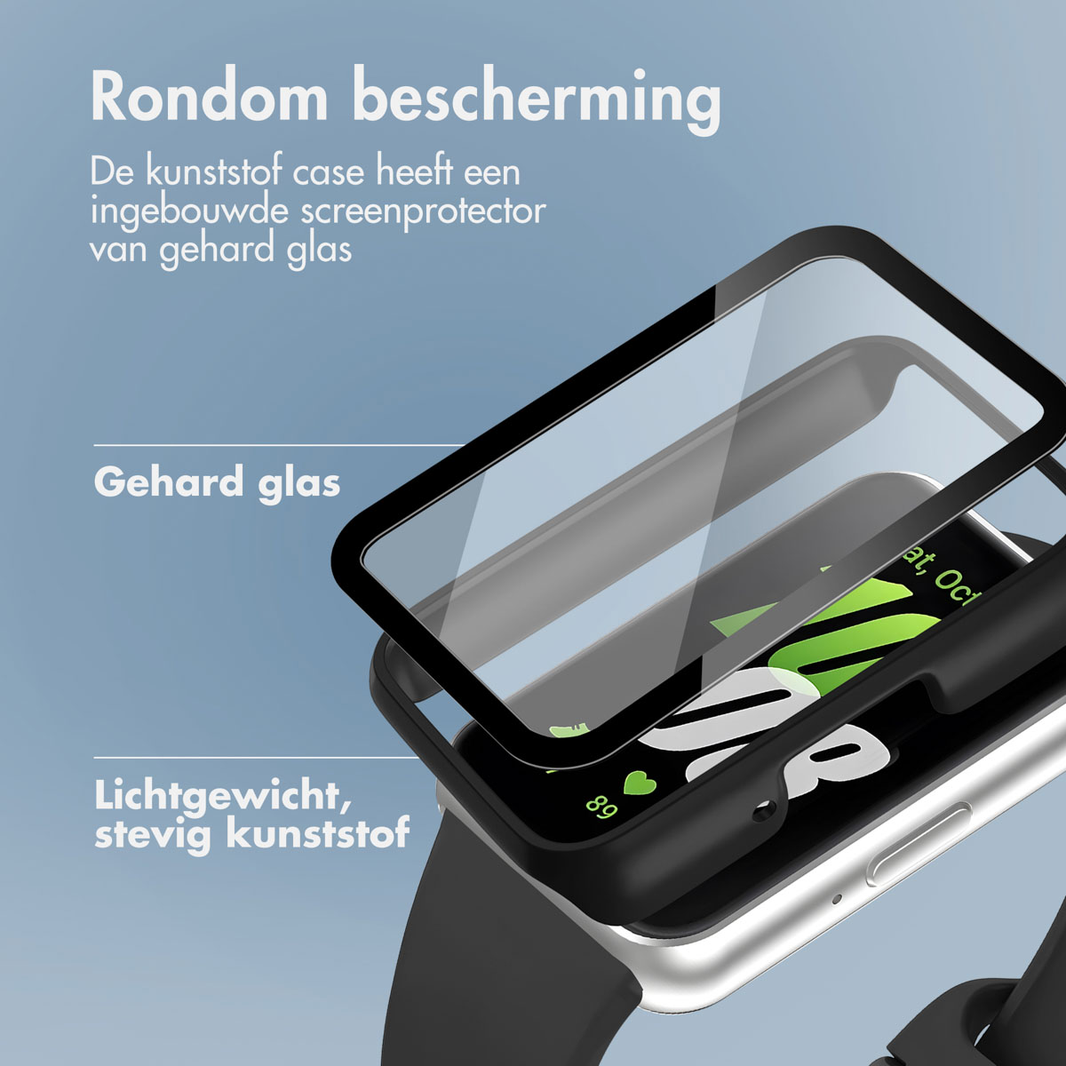 Black watch case protecting a smartwatch, with the case components separated.