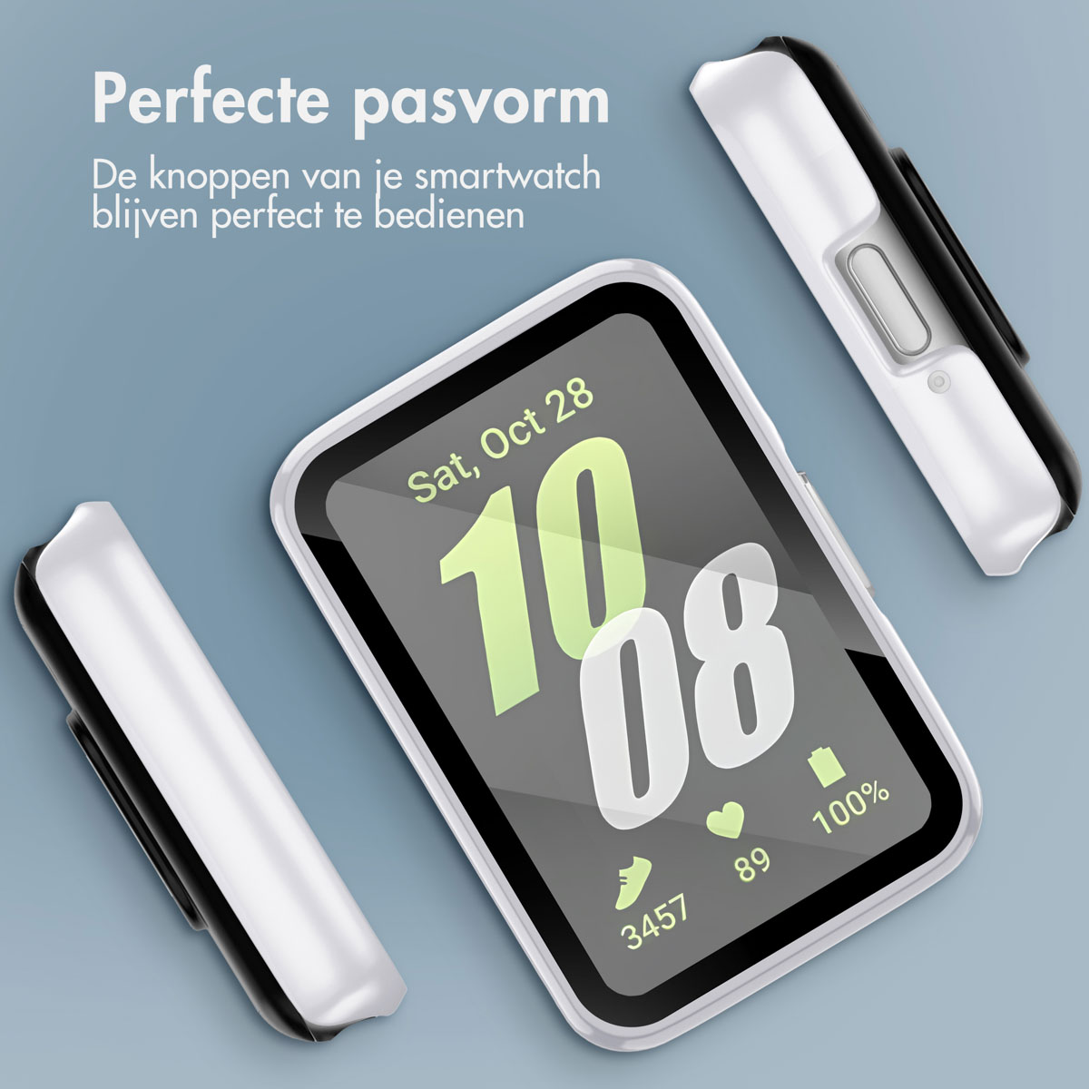 A smartwatch, with a screen displaying the date and time, next to two white side pieces.
