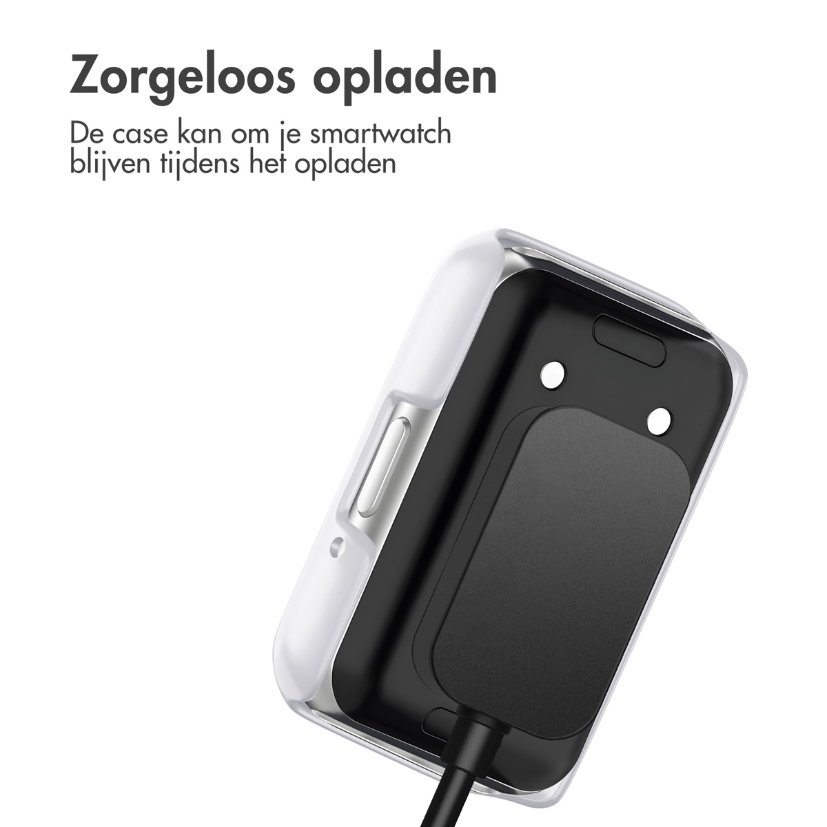 White and transparent charging case with a black charging pad. The case has a black cable.
