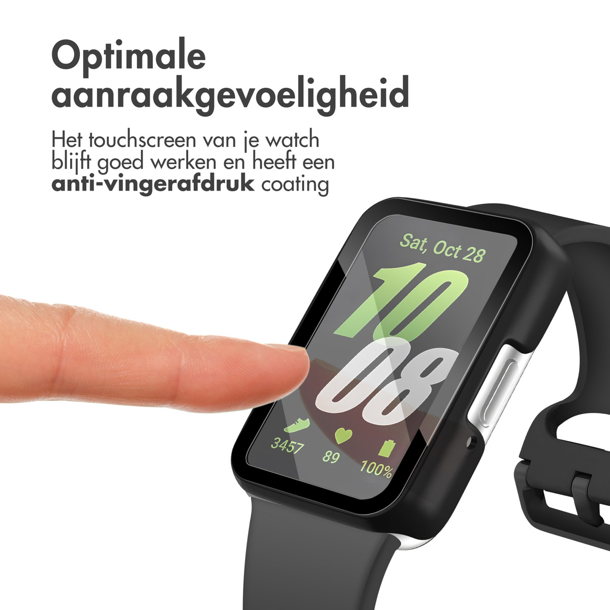 A watch screen with a case and a finger touching it, showing the date and time.