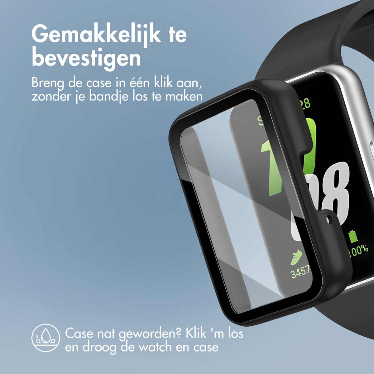 Black watch case being attached to a watch. Text in Dutch is visible.