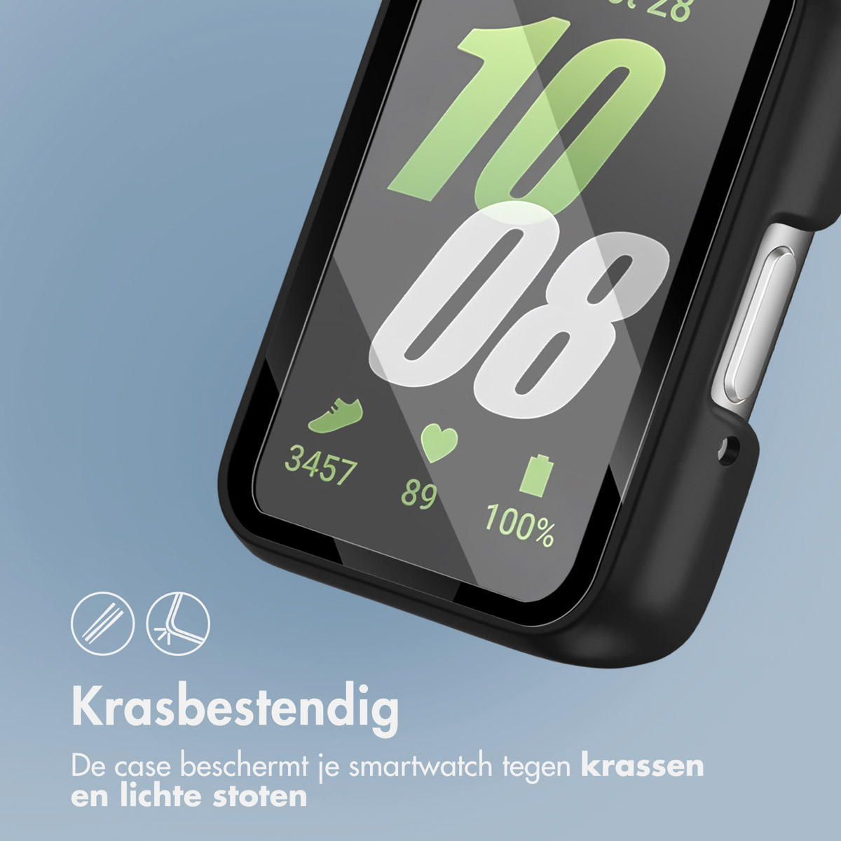 Black smartwatch case on a blue background, displaying time and stats.
