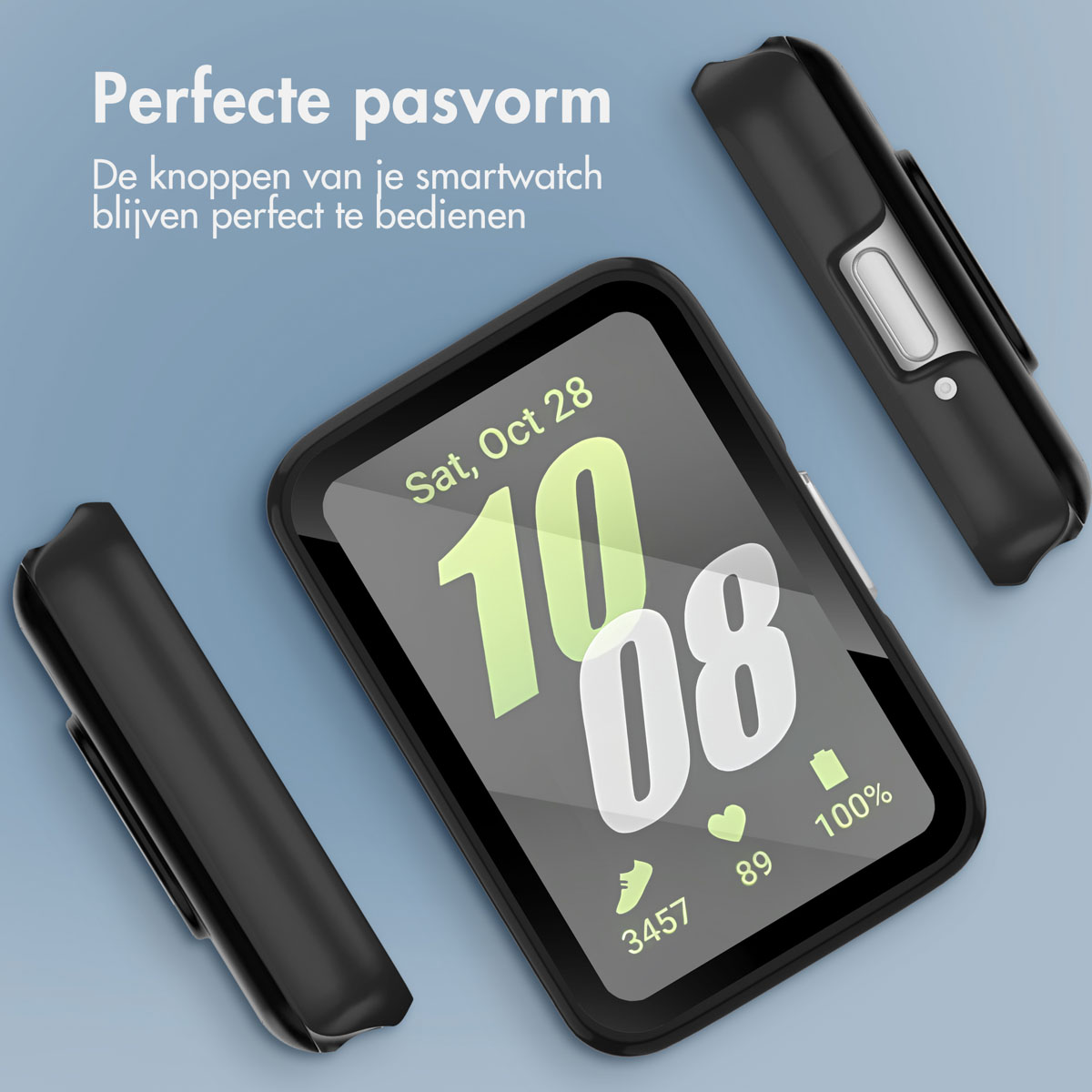 Smartwatch with screen showing time and battery, with two black side pieces. Text reads 'Perfect fit'.