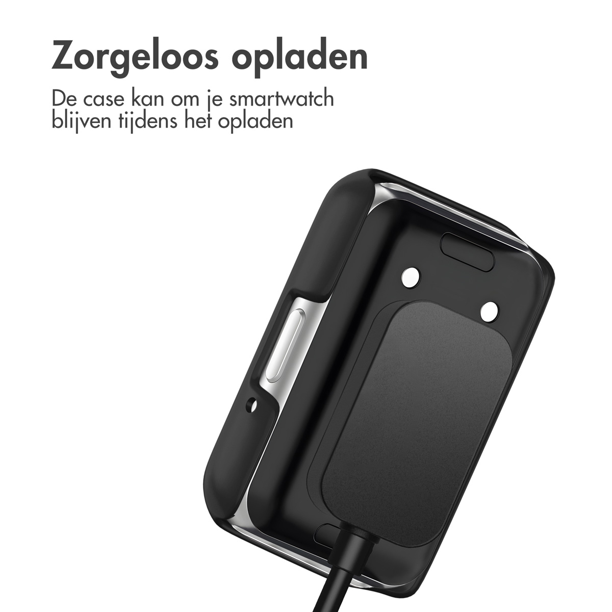 Black watch charging case with a charging cable on a white background.