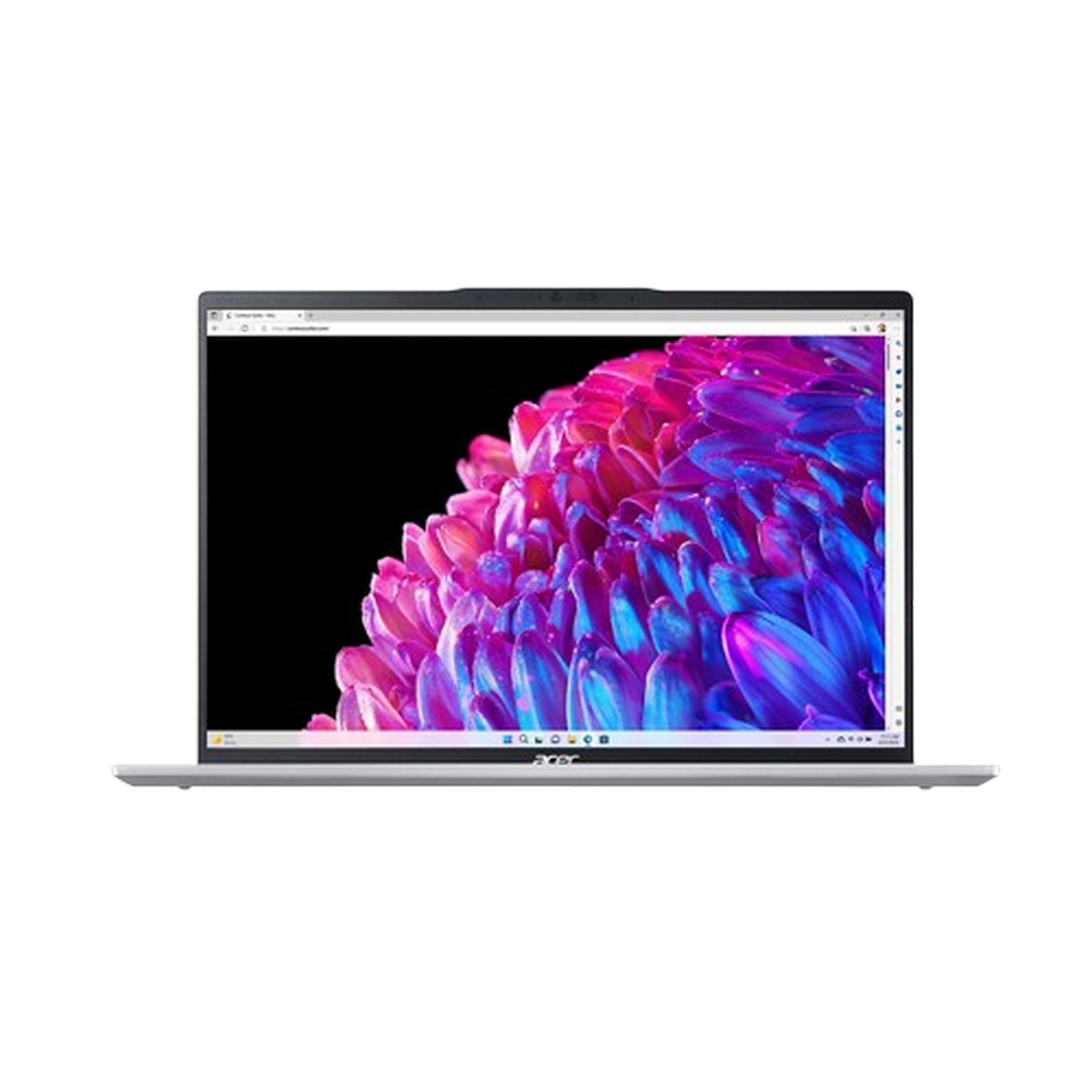 Un portátil Acer plateado con una pantalla floral colorida, aislado sobre fondo negro.