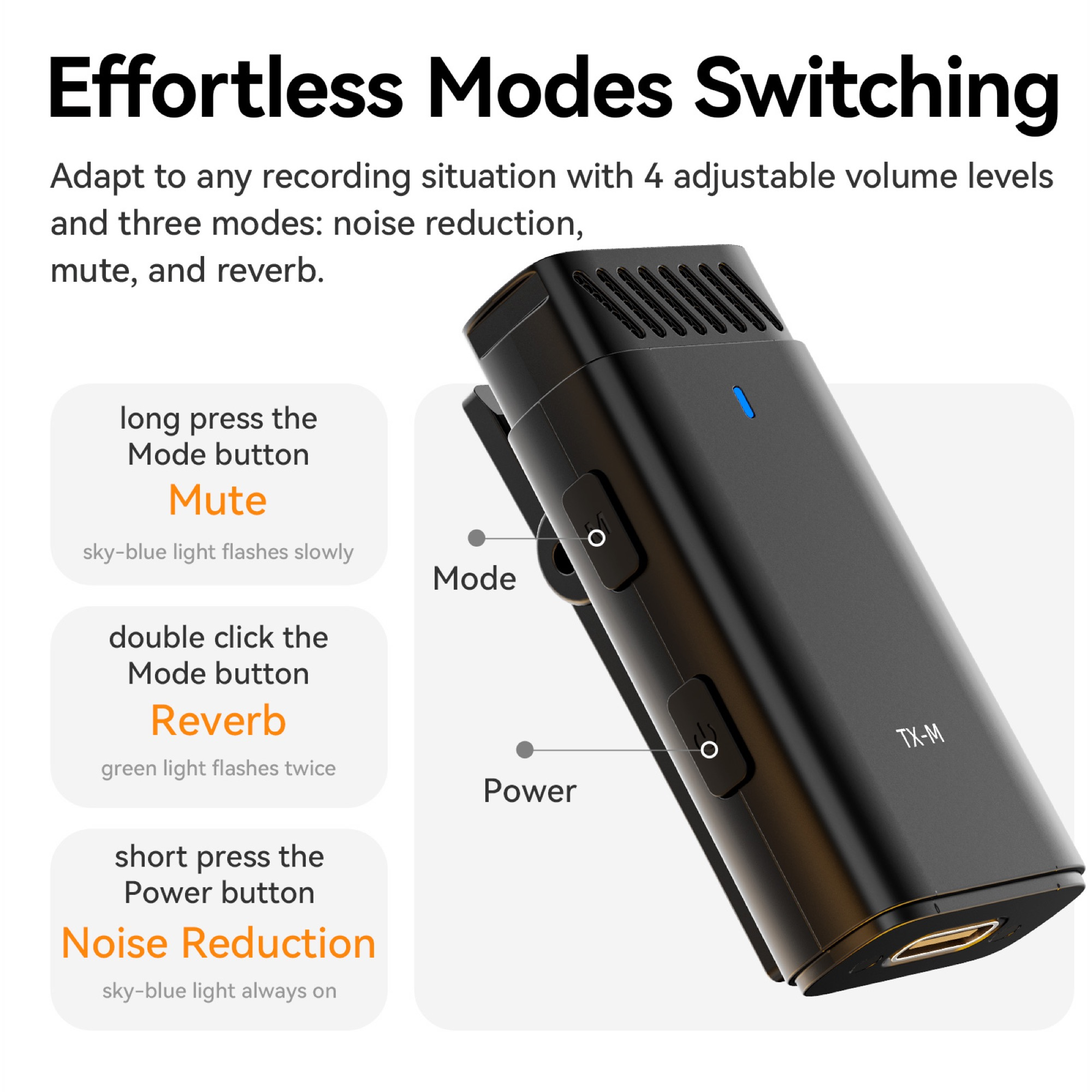 A black microphone with buttons and labels for different modes.