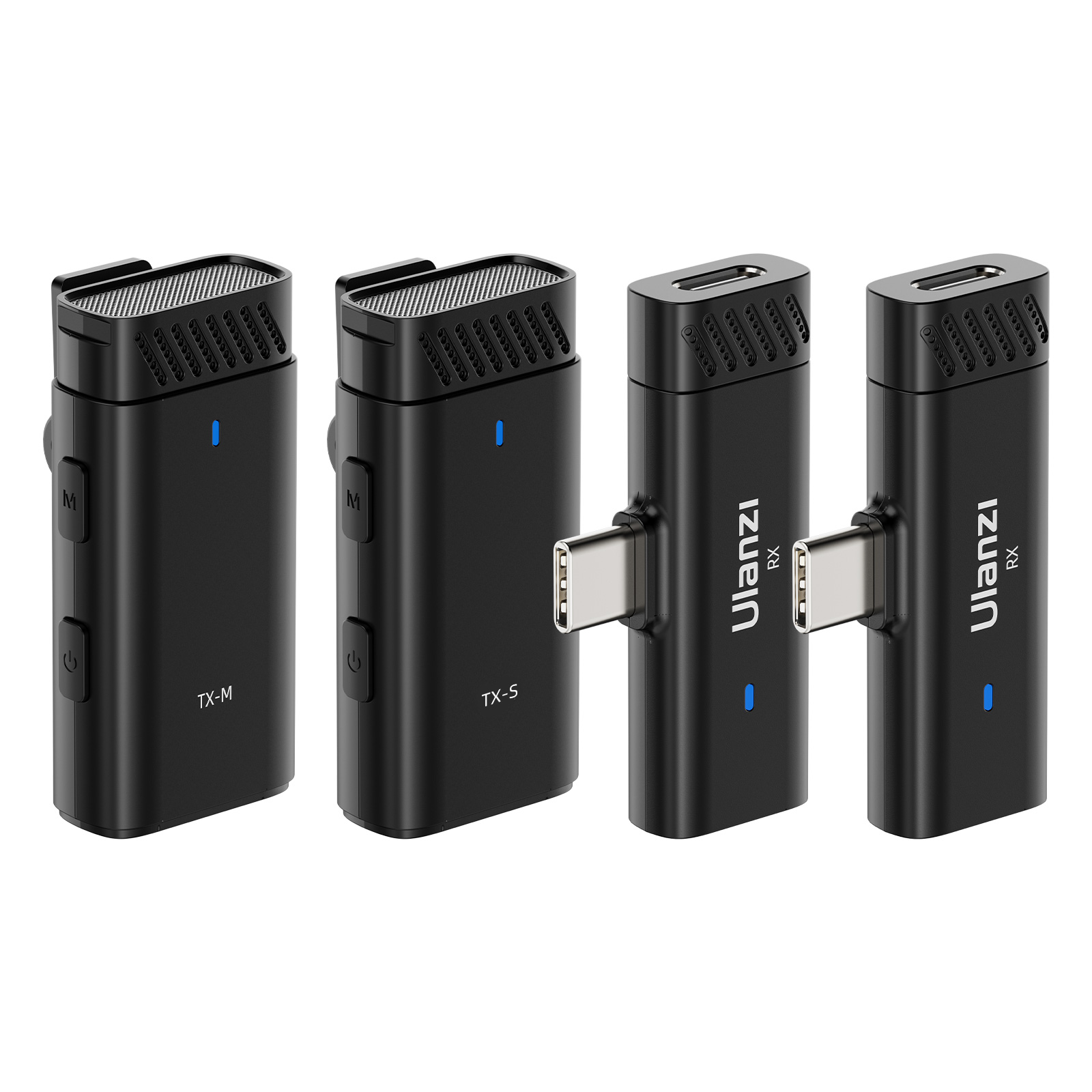 Four black wireless microphones with Ulanzi RX branding and charging ports.
