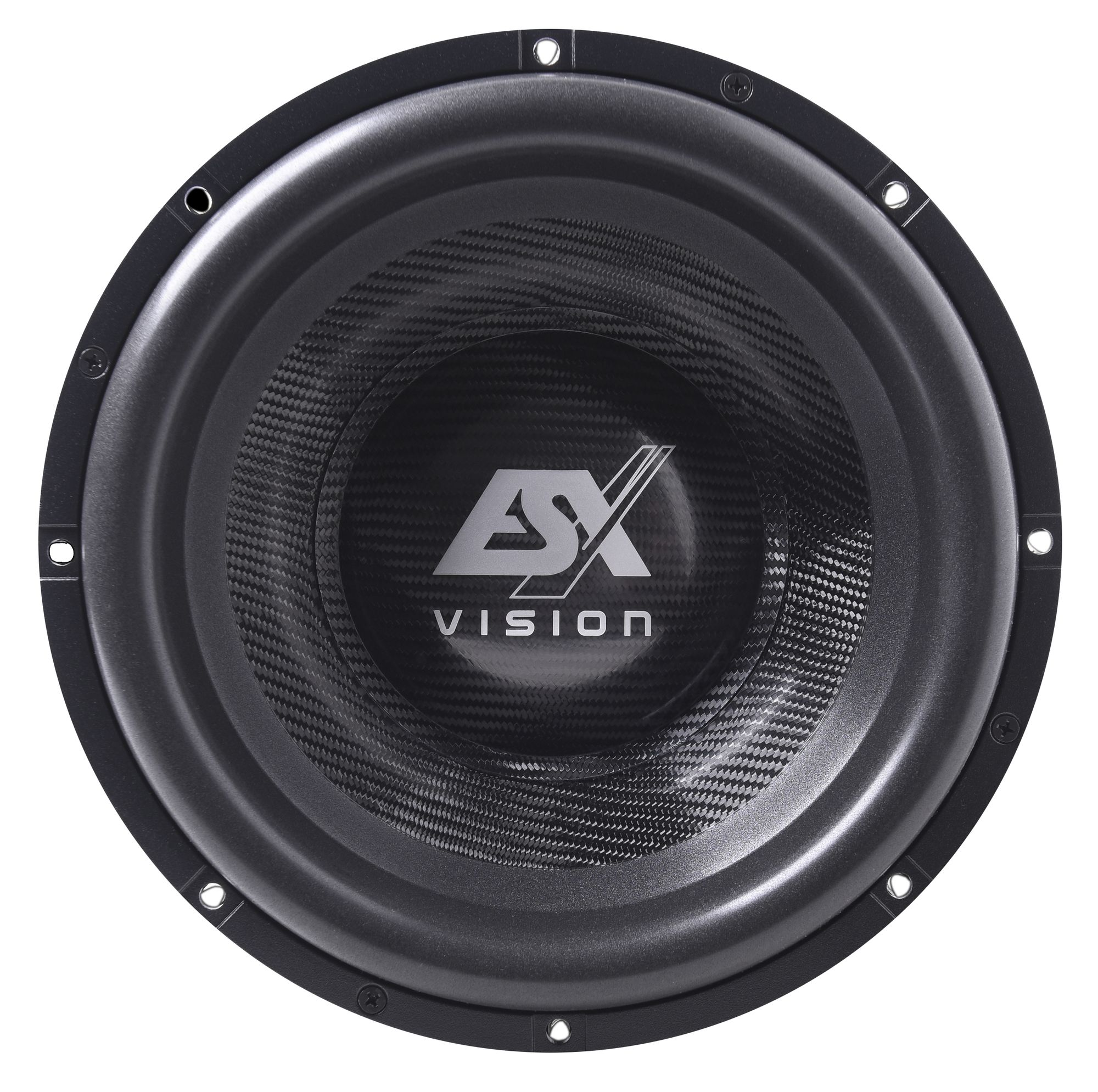 Schwarzer Subwoofer mit Carbonfaser-Membran und sichtbarem Markennamen.
