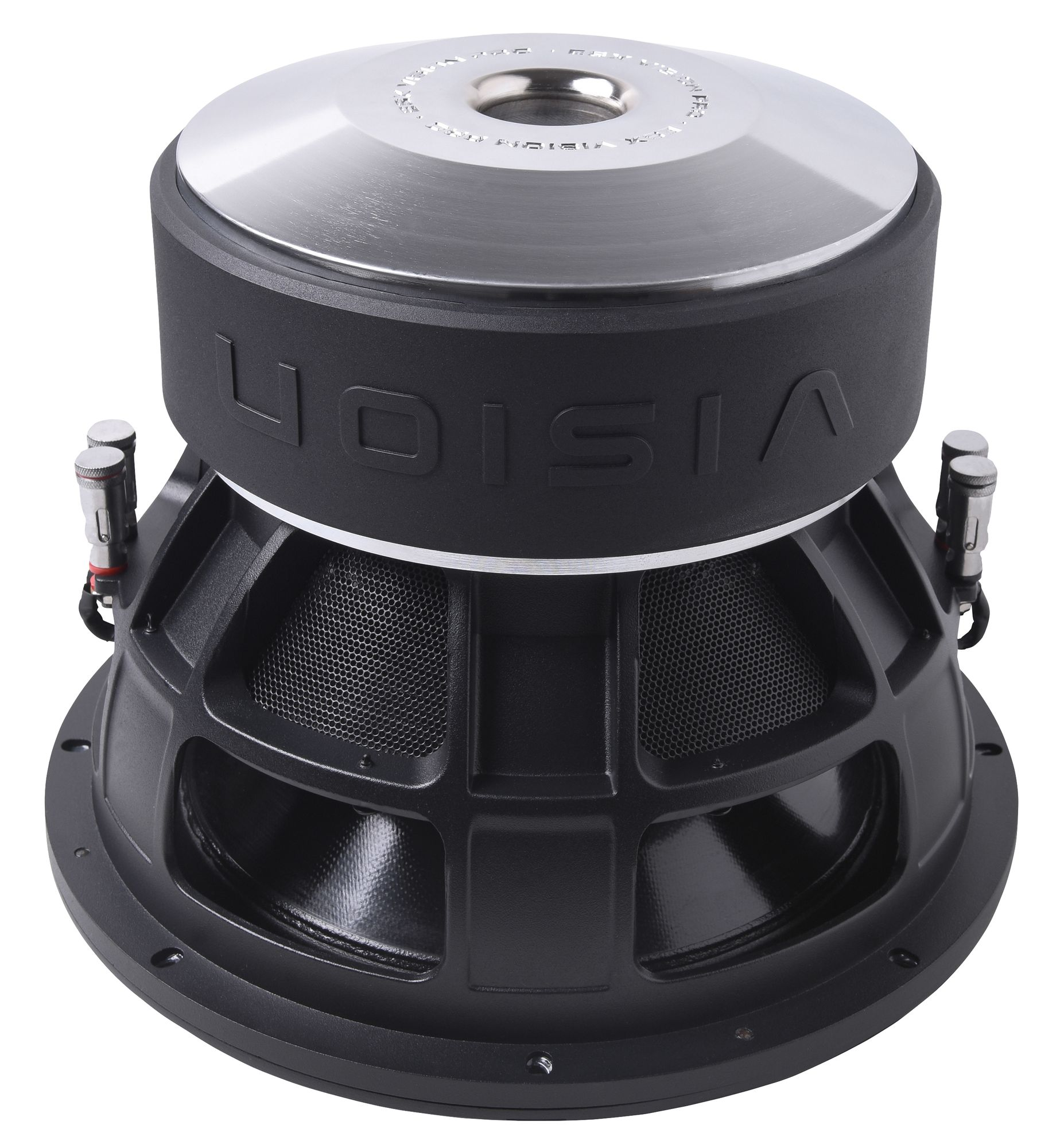 Ein großer schwarzer Subwoofer mit Vision-Logo auf weißem Hintergrund.