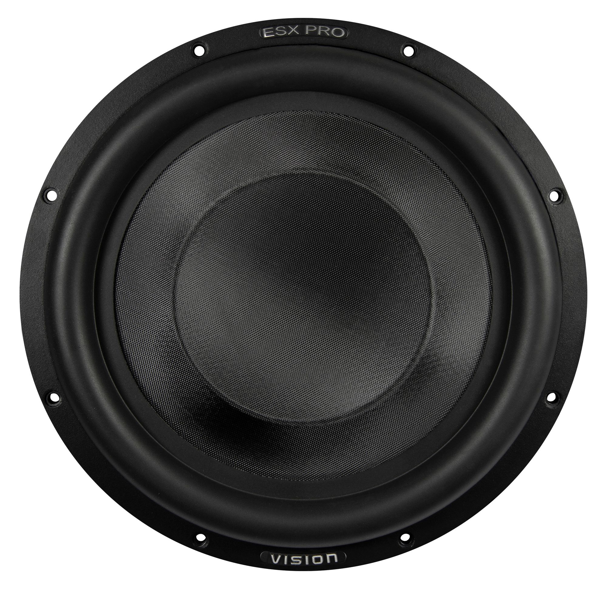 Ein schwarzer Subwoofer mit dem Wort VISION darauf. Schwarz und rund mit vielen Schrauben.