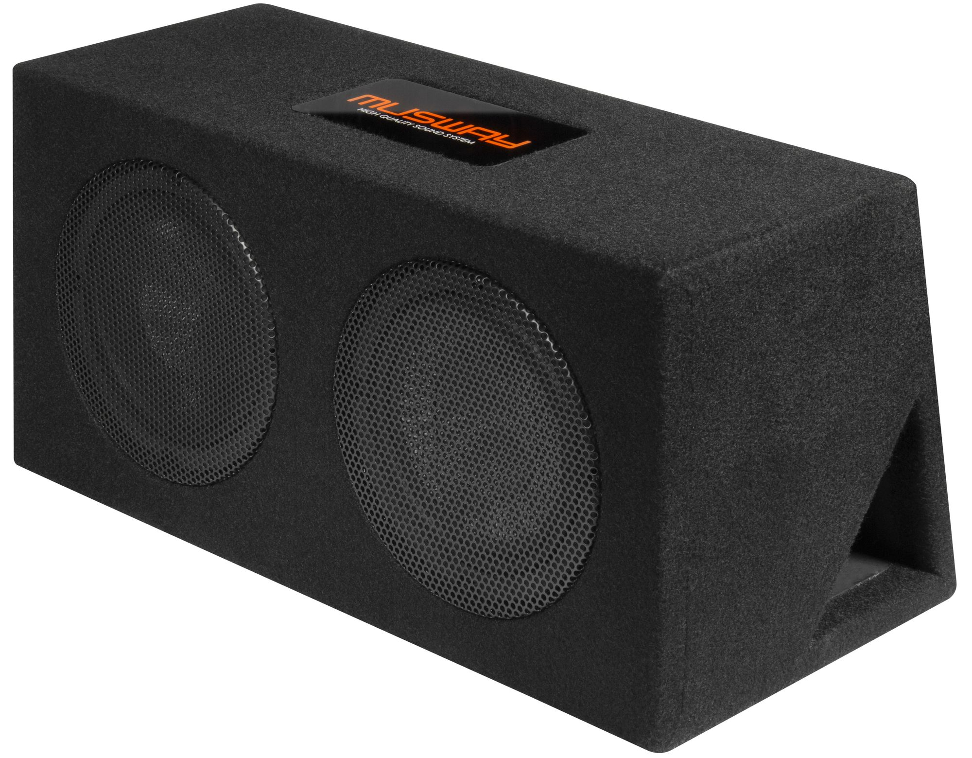 Ein schwarzer Subwoofer mit zwei Lautsprechern und einem dreieckigen Design wird angezeigt.