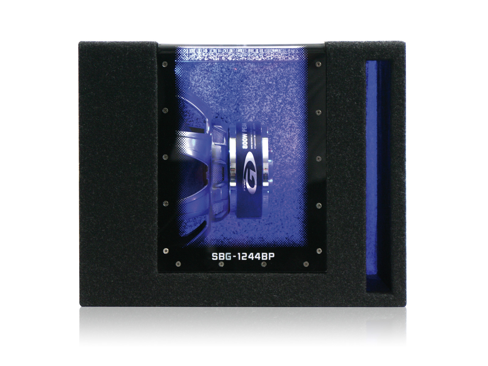 Ein schwarzer Subwoofer in einer Box. Die Vorderseite hat eine transparente Platte mit blauer Beleuchtung.