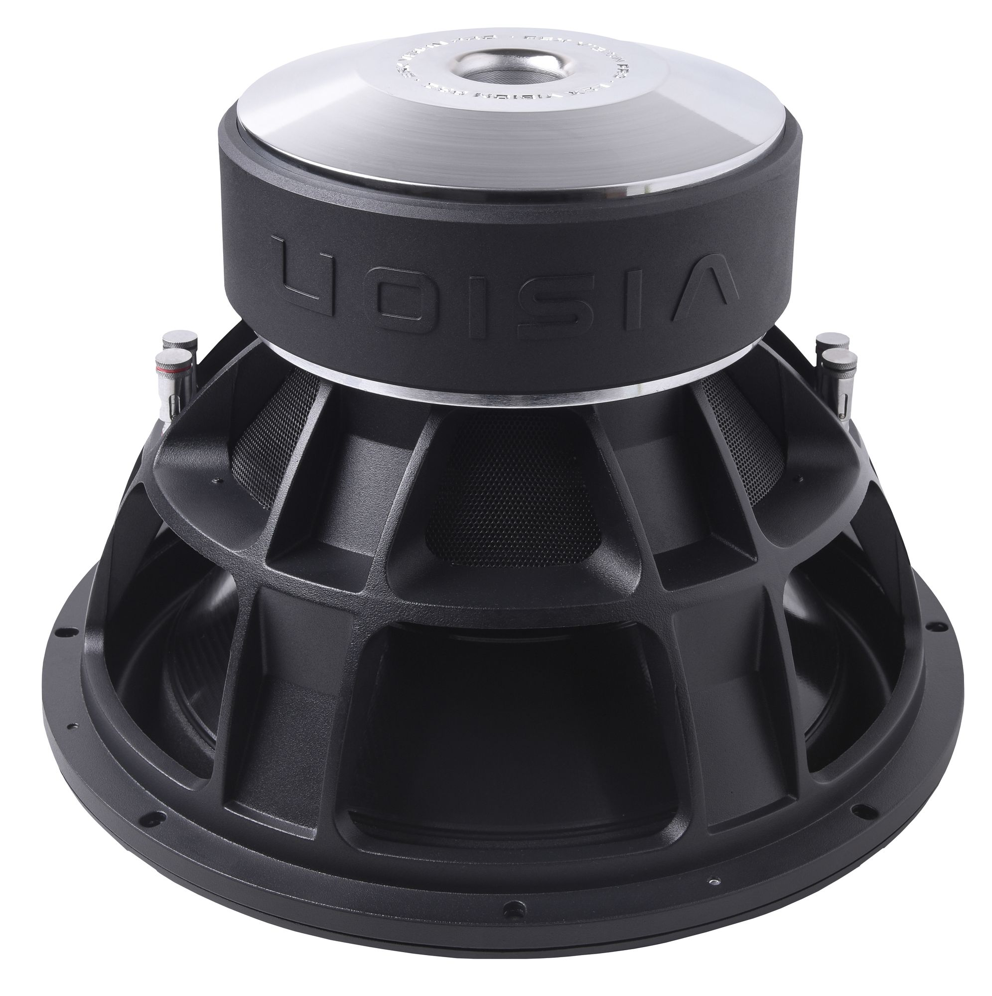 Schwarzer Subwoofer mit silberner Oberseite und detailliertem Rippendesign.