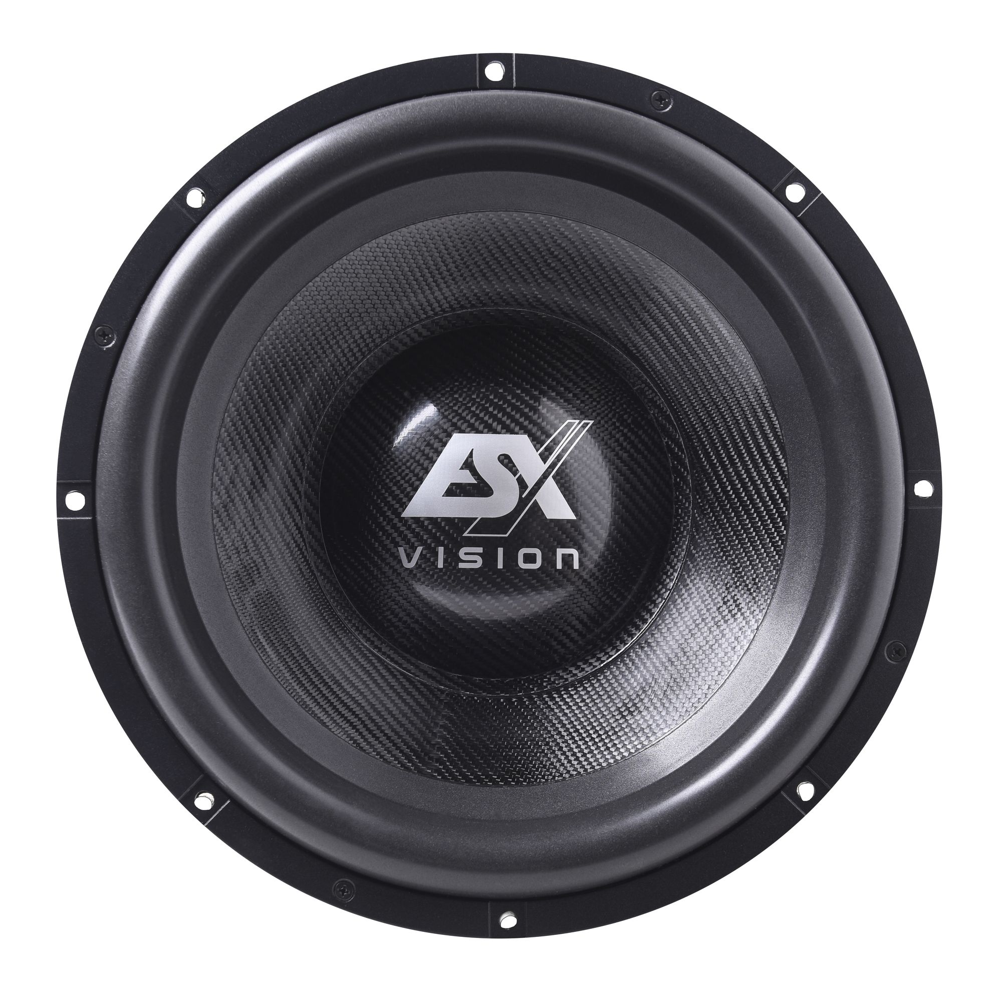 Ein schwarzer Subwoofer mit einer Kohlefaser-Membran und einem schwarzen Rahmen, mit dem Wort 'ASX VISION'.