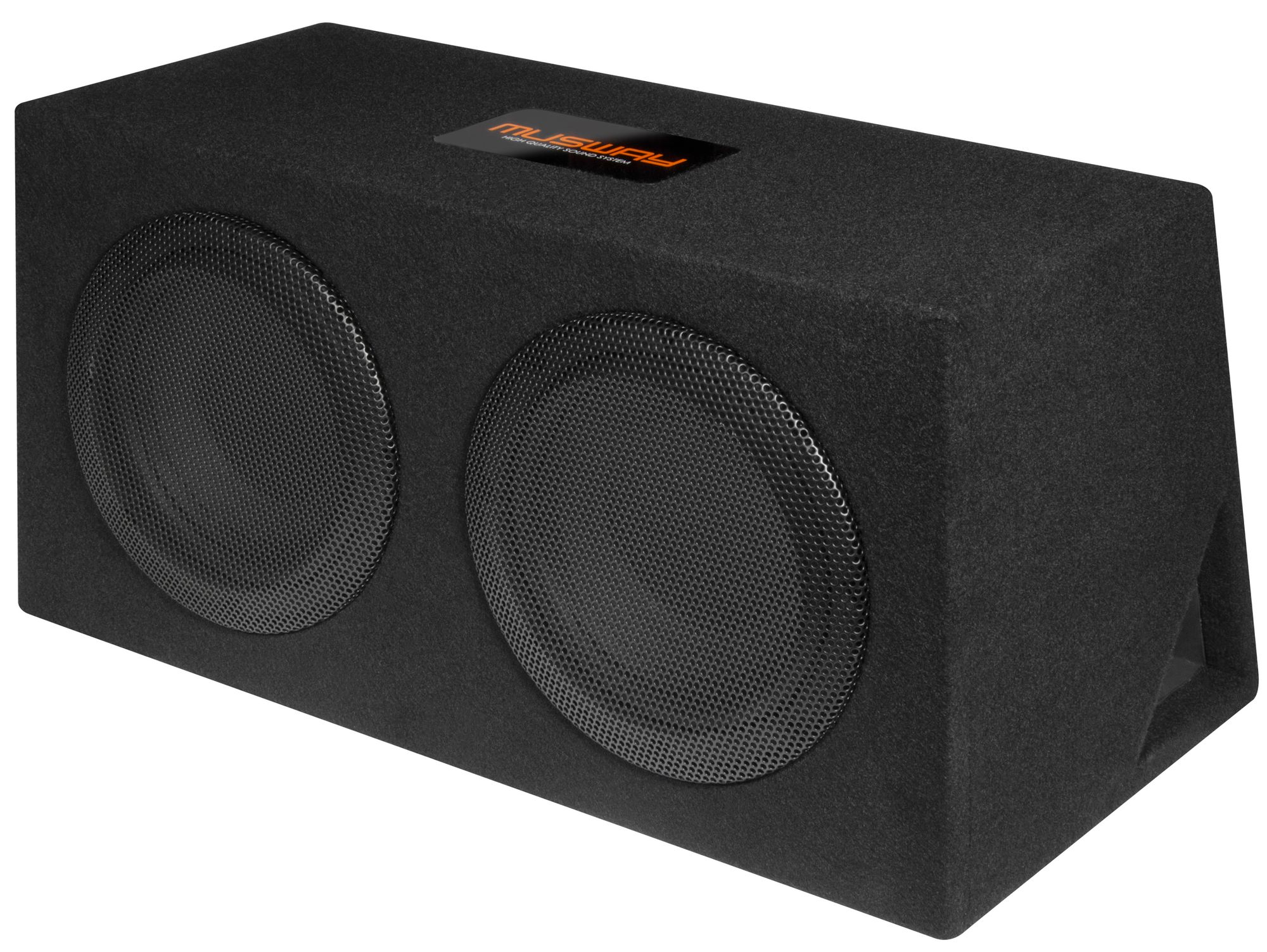 Schwarzer Subwoofer mit zwei kreisförmigen Lautsprechern. Schwarzes Stoffäußeres.