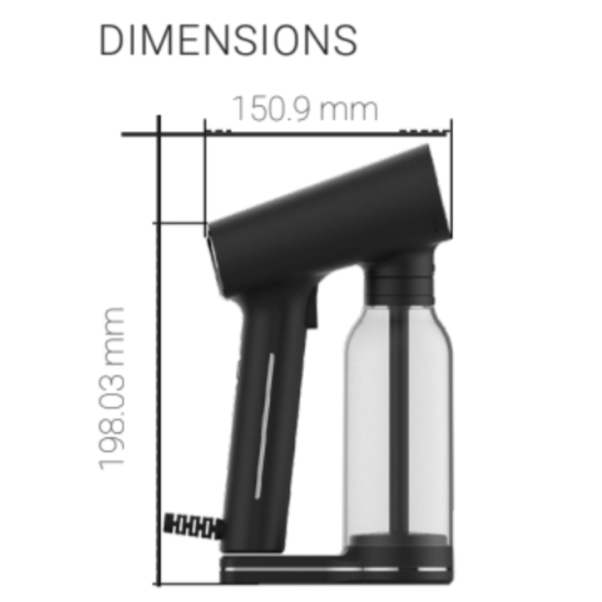 Vapeur à main noire avec dimensions : 198,03 mm de haut, 150,9 mm de large.
