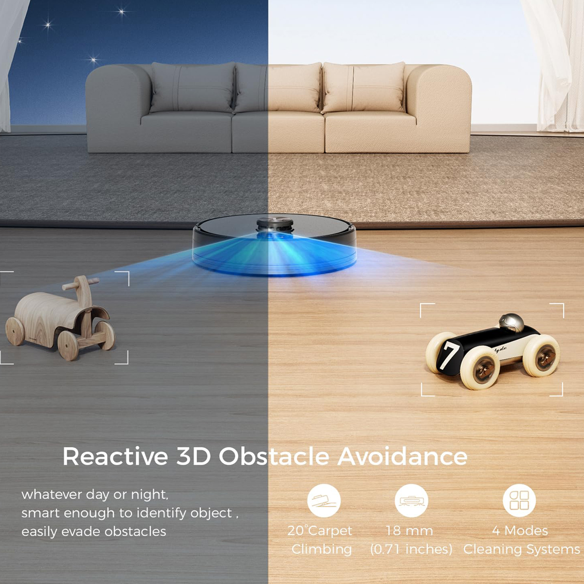 Ein Roboter-Staubsauger auf einem Holzboden mit Spielzeug. Es ist halb im Licht und halb im Schatten.