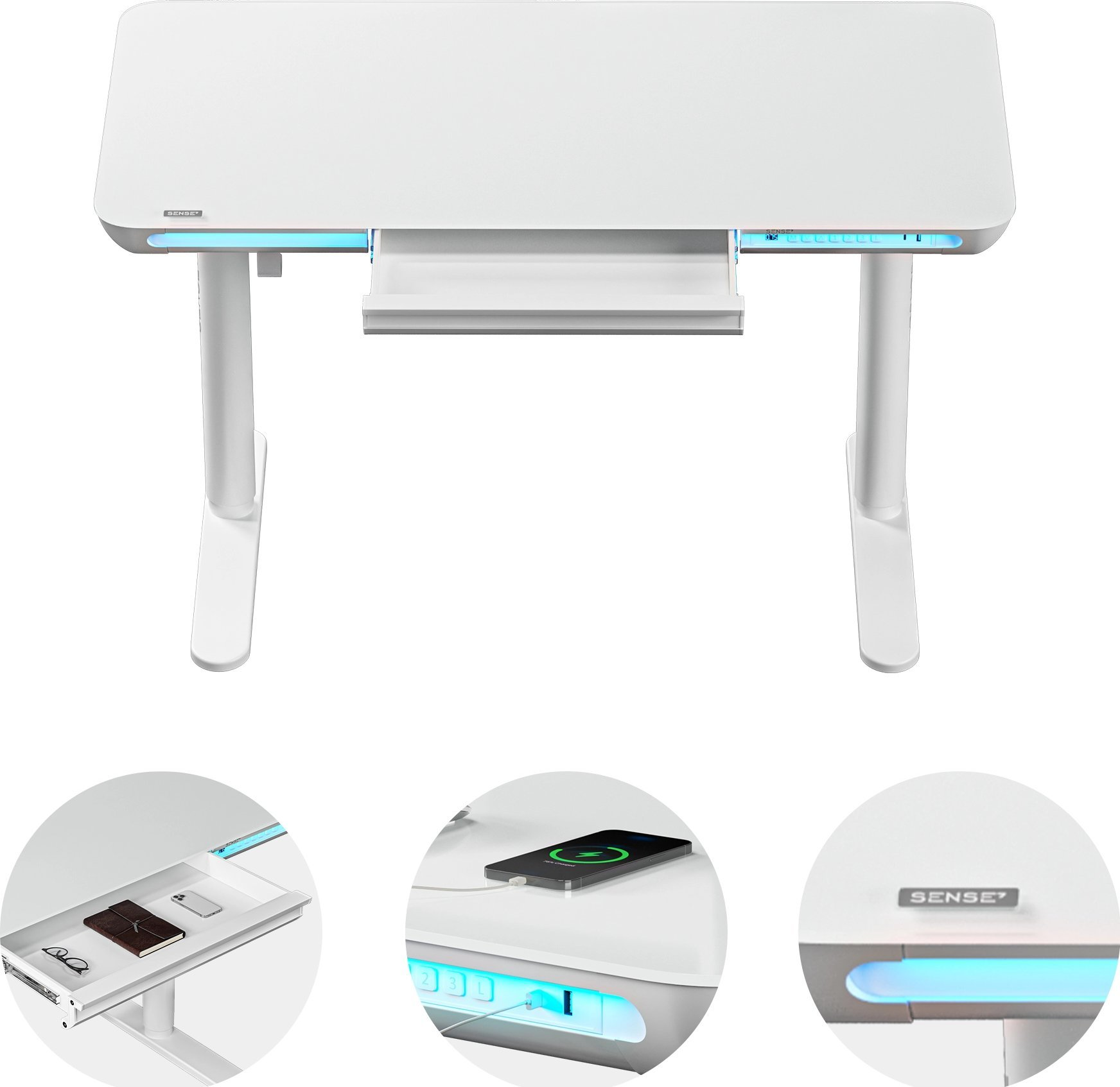 Witte verstelbare bureau met een lade. Drie close-ups tonen lade, telefoon en logo.