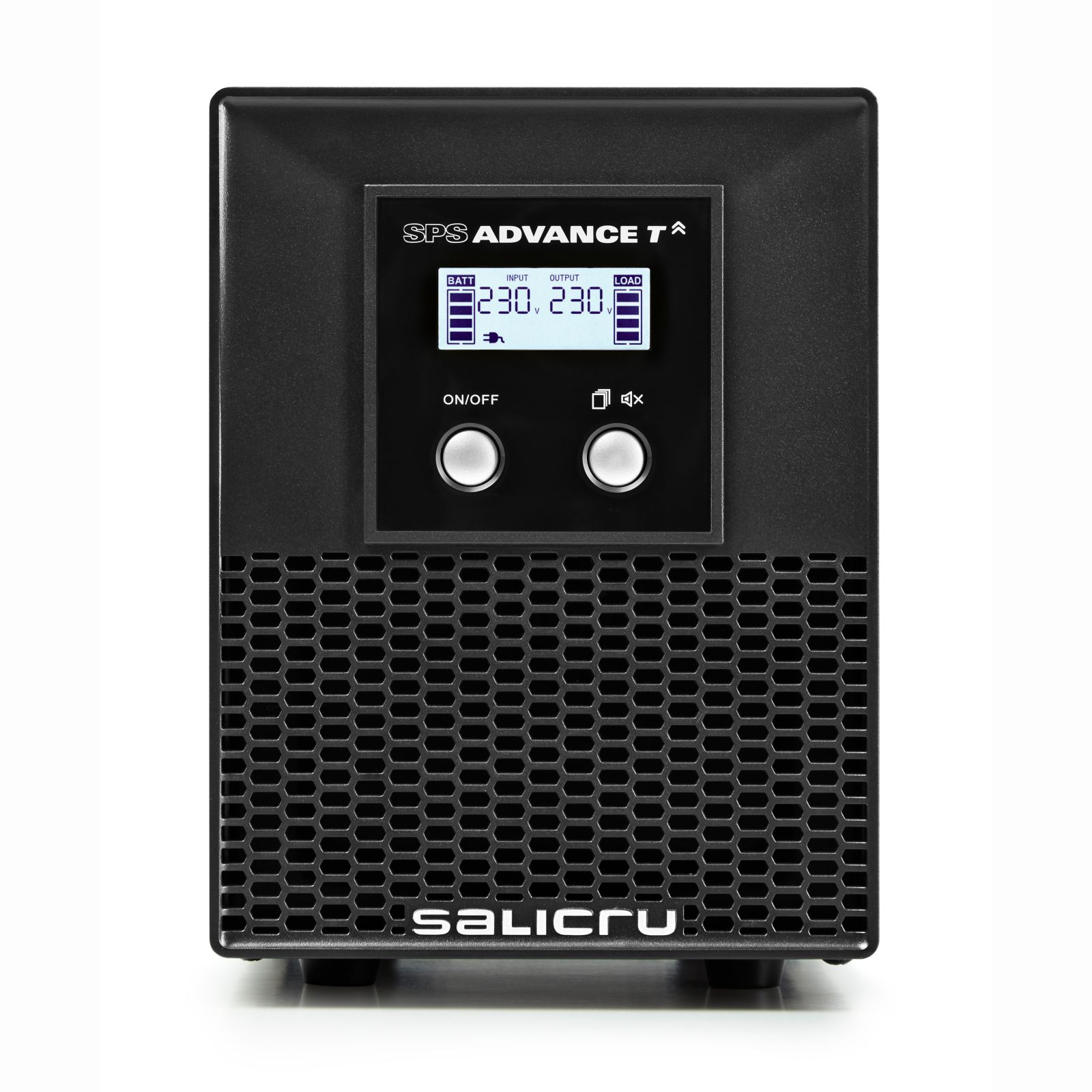 Schwarzes USV-Gerät mit Digitalanzeige für Spannung und Last. Salicru-Branding sichtbar.