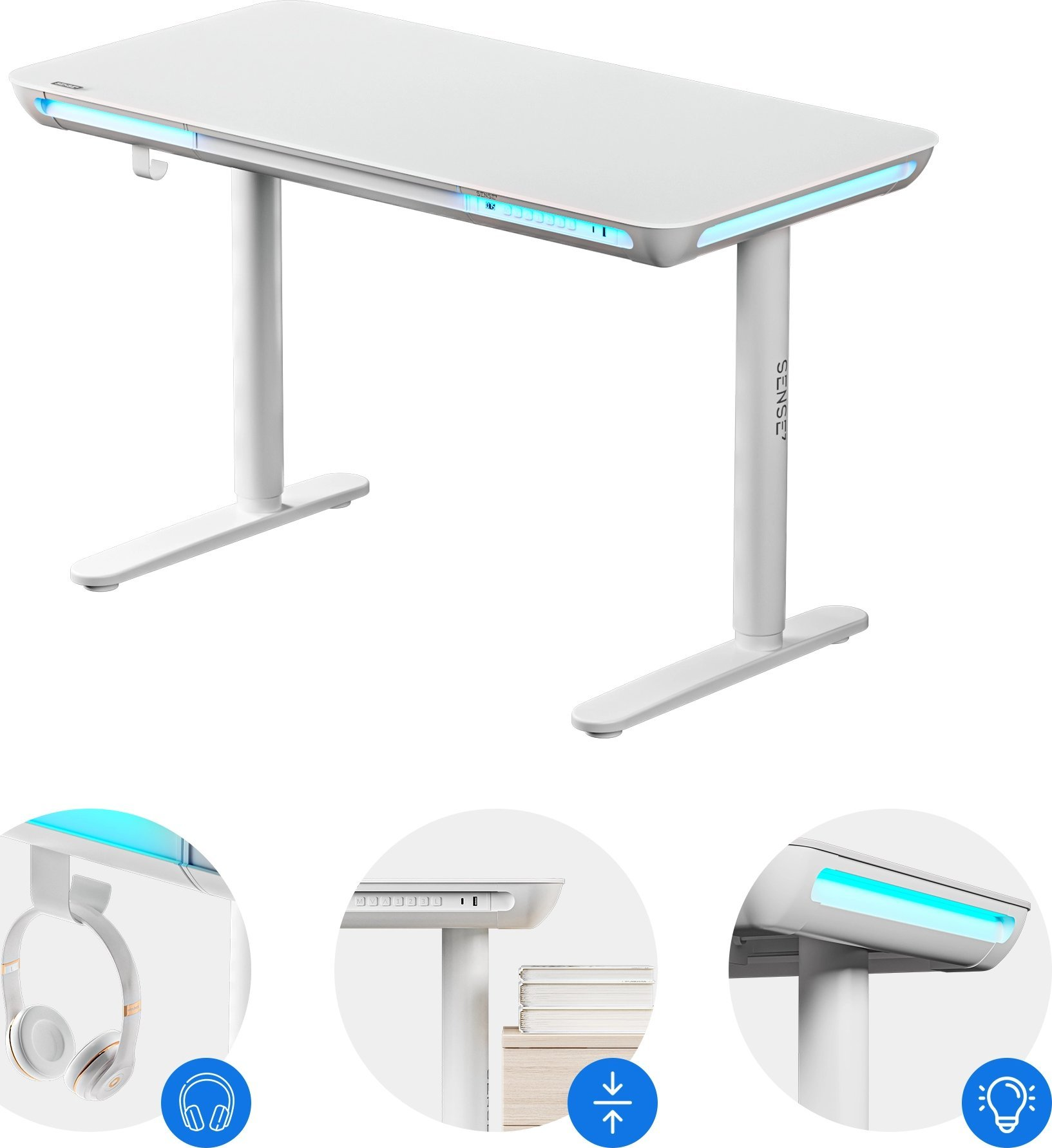 Witte staande bureau met blauwe lichten. Heeft een hoofdtelefoonhouder en andere functies.