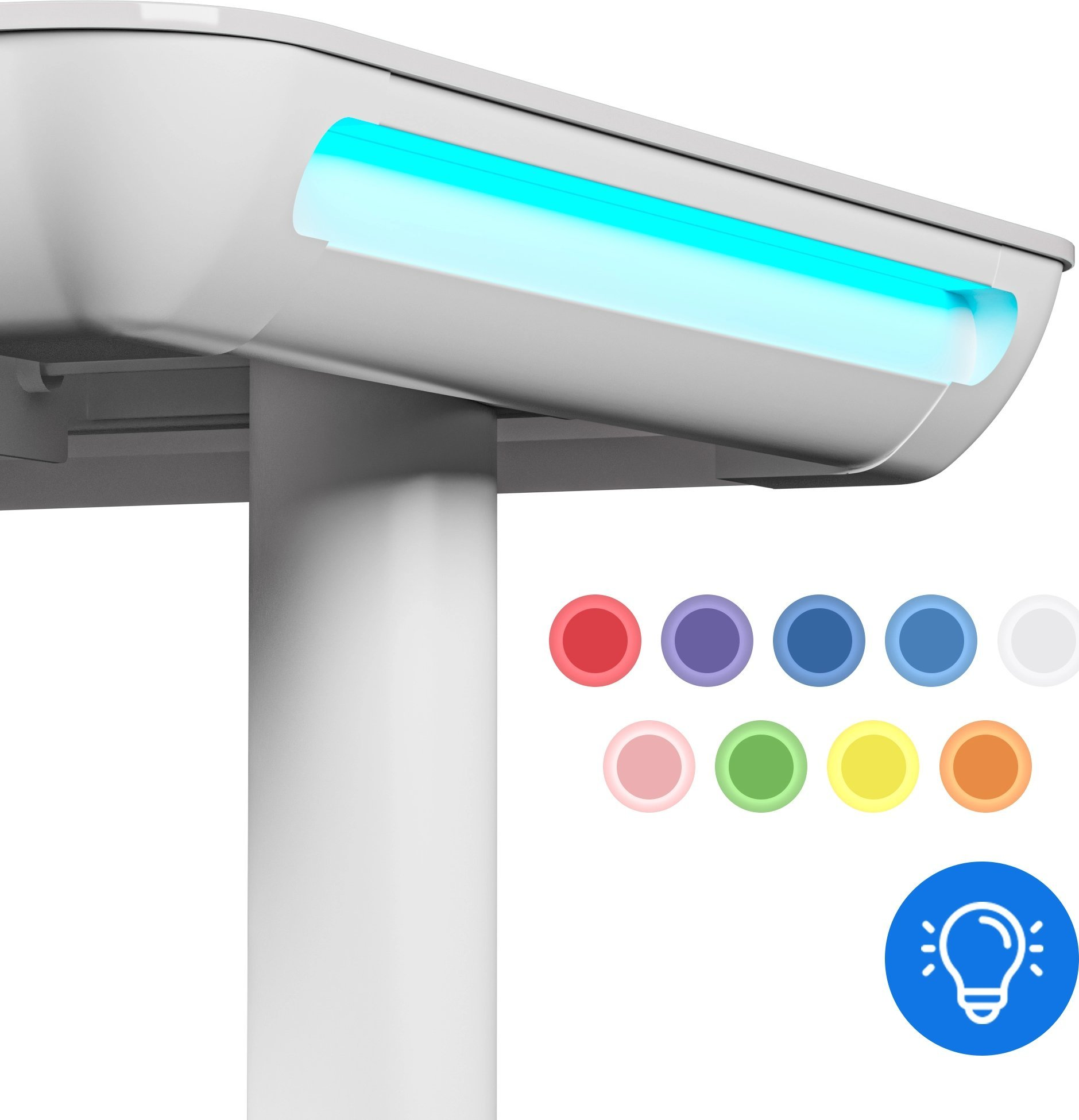 Witte bureaulamp met blauw licht en kleurindicatoren.