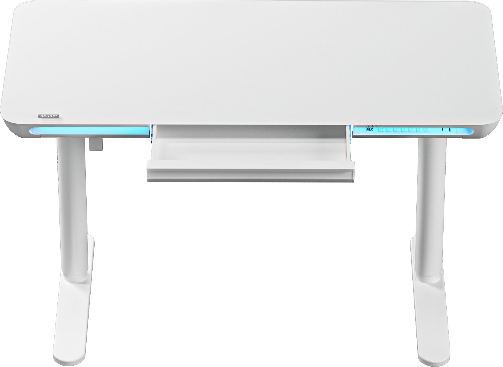 Witte verstelbare bureau met lade, twee witte poten en blauwe lichten.