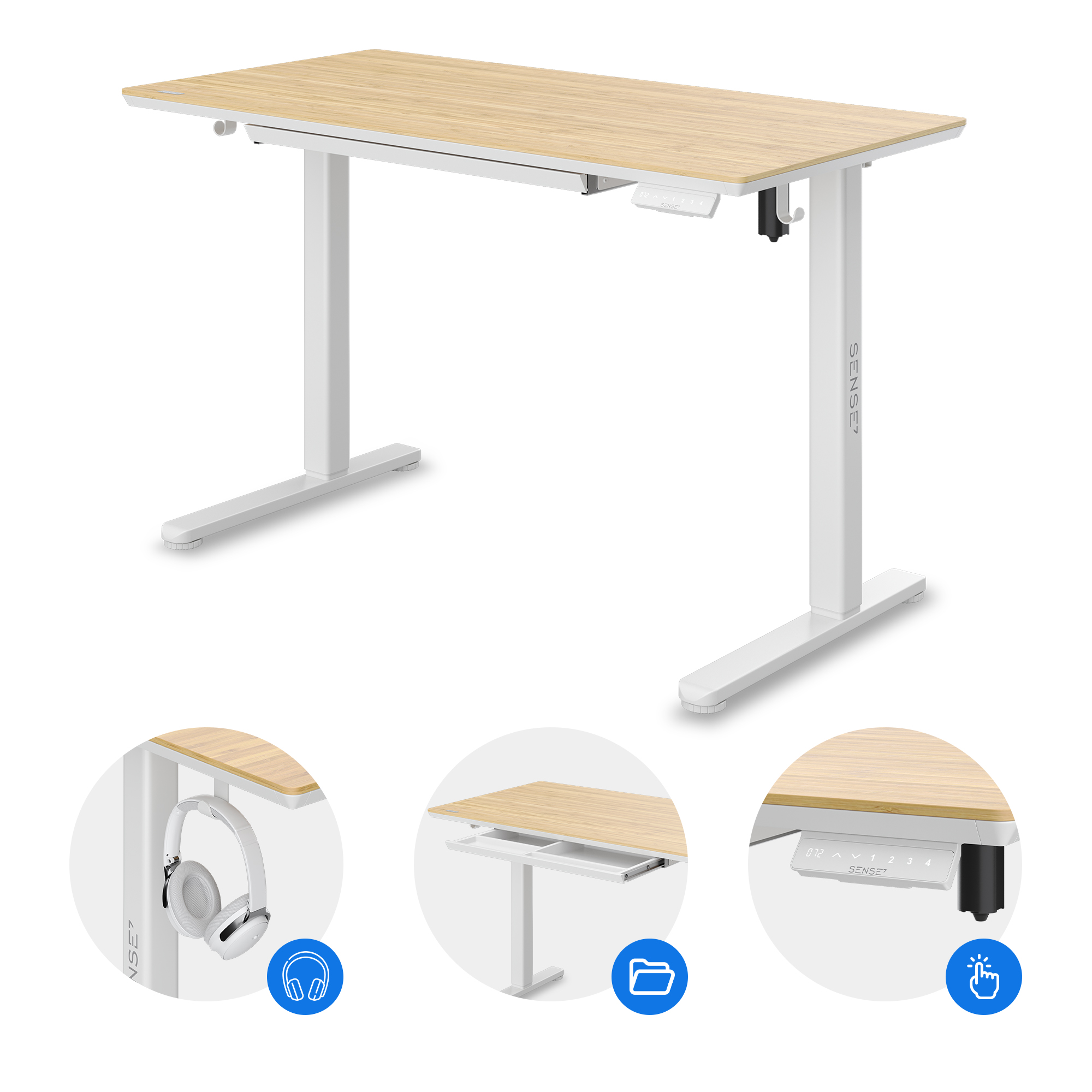 Höhenverstellbarer Schreibtisch mit weißen Beinen, heller Holzplatte und Schublade.