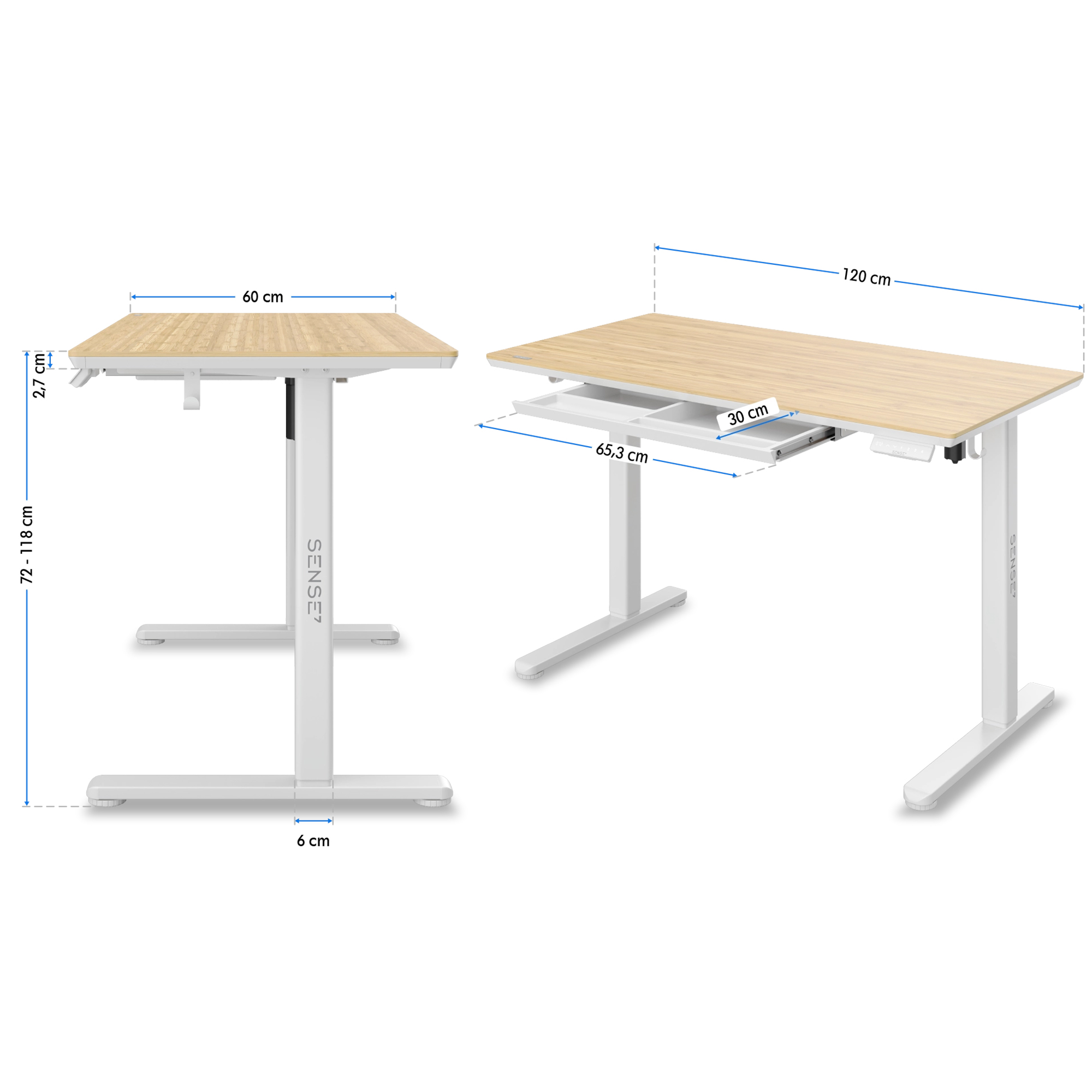 Zwei höhenverstellbare Schreibtische mit weißen Beinen und holzfarbenen Oberflächen. Weißer Hintergrund.