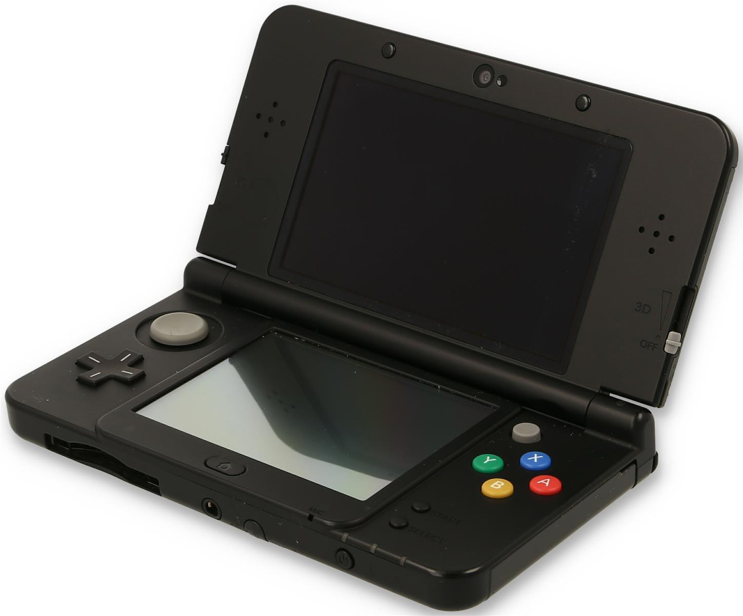 Schwarze Nintendo 3DS-Konsole, offen, mit Bildschirmen und Tasten.