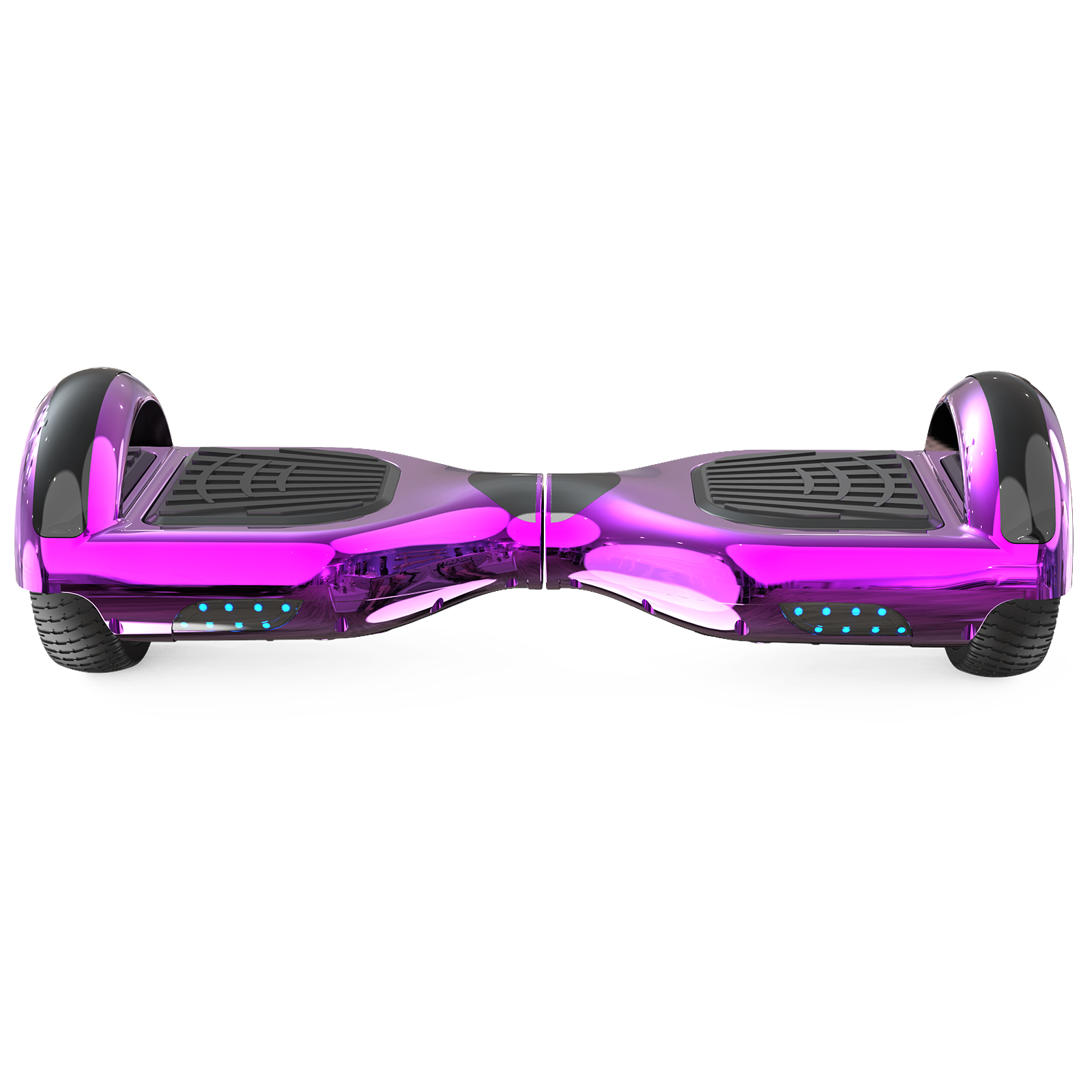 Un hoverboard morado y negro con un acabado brillante, visto desde el frente.