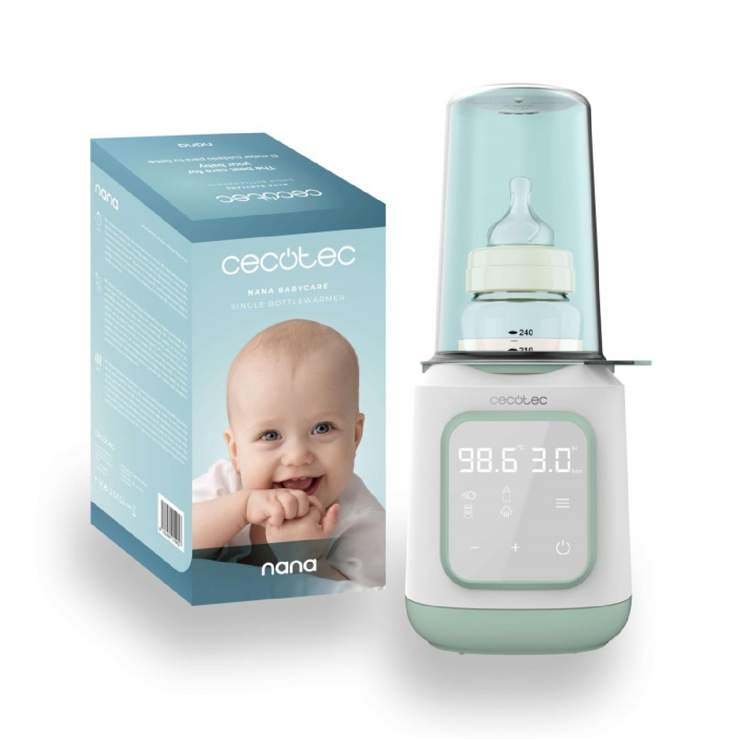 Ein Babyflaschenwärmer mit einem Baby und einer Produktbox an der Seite.