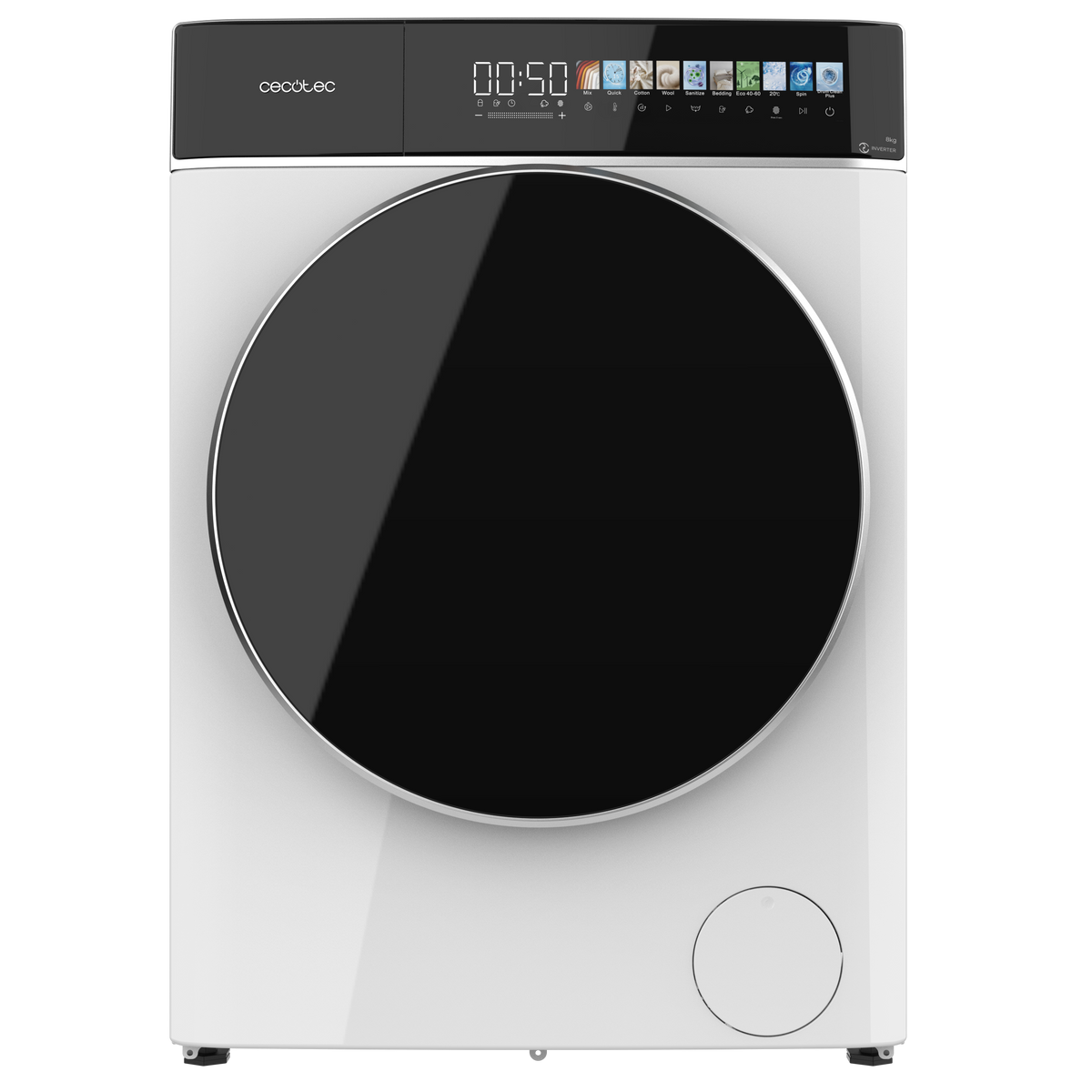 Una lavatrice bianca con porta nera e display digitale.