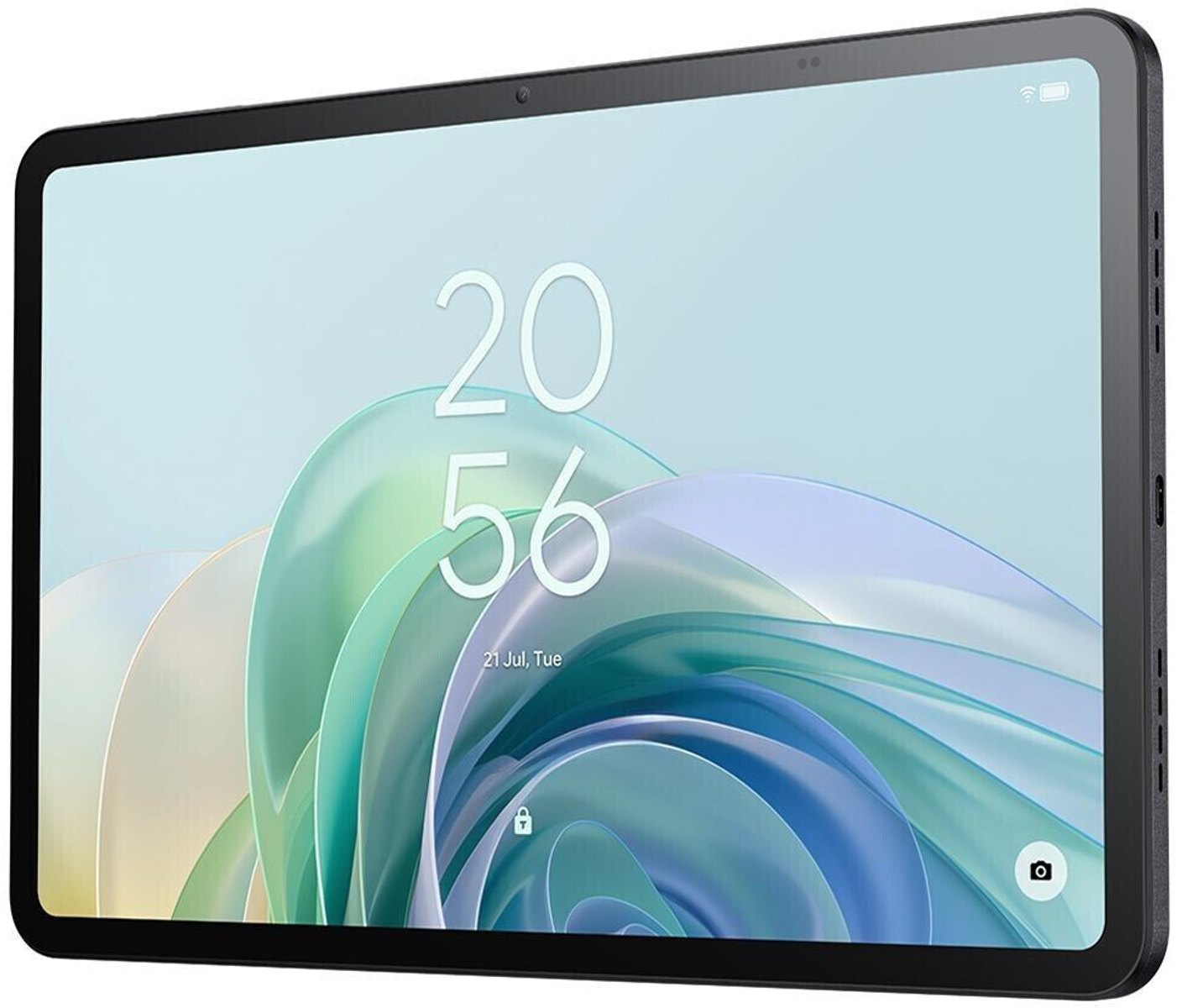 Ekran tabletu wyświetla godzinę i datę, ze stylizowanym tłem.