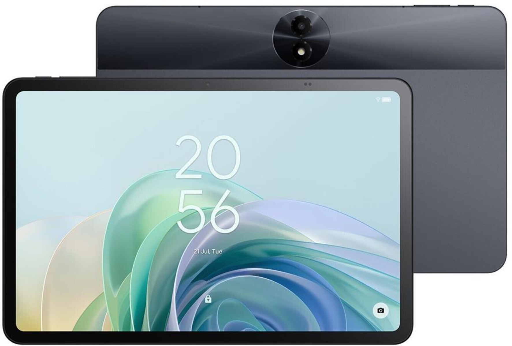 Tablet z widokiem z przodu i z tyłu, pokazujący ekran wyświetlający godzinę.