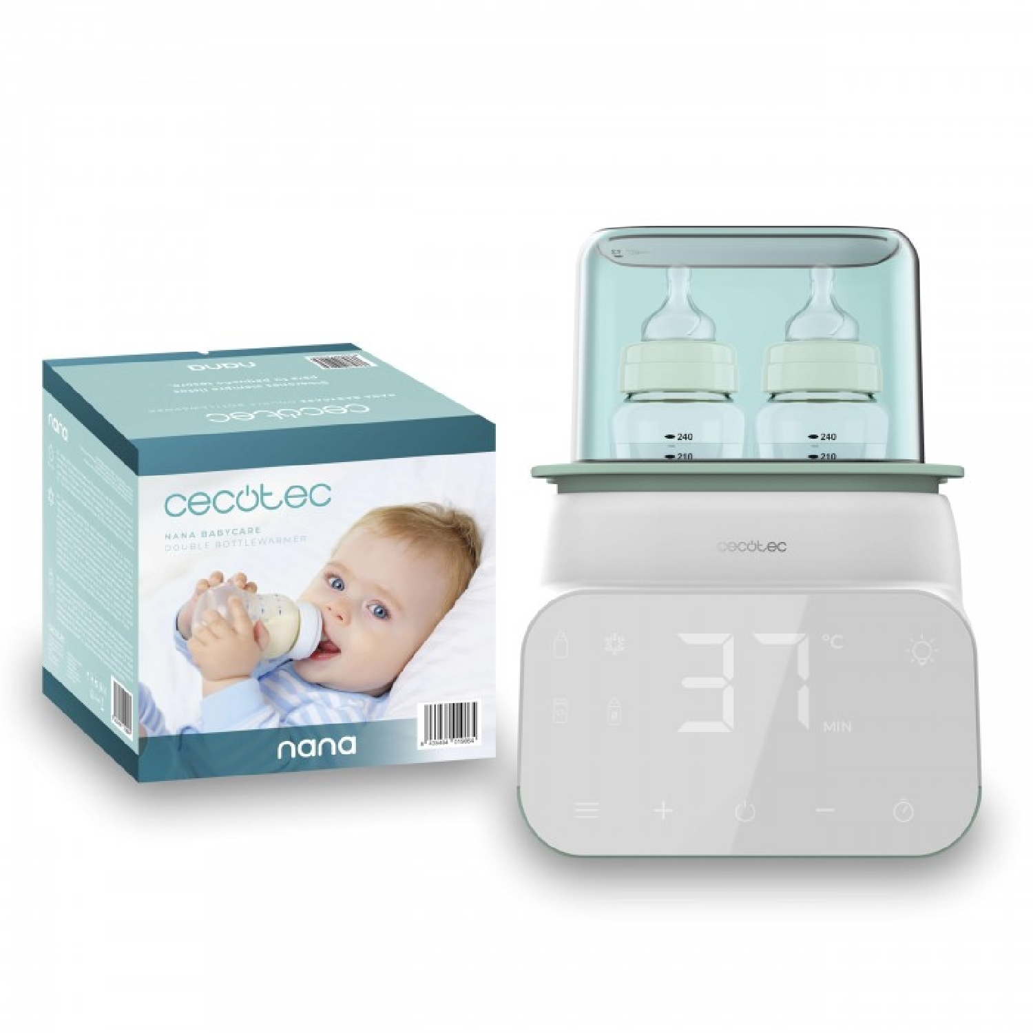 Babyflaschenwärmer mit Flaschen, einer Box mit Babyfoto und Digitalanzeige.