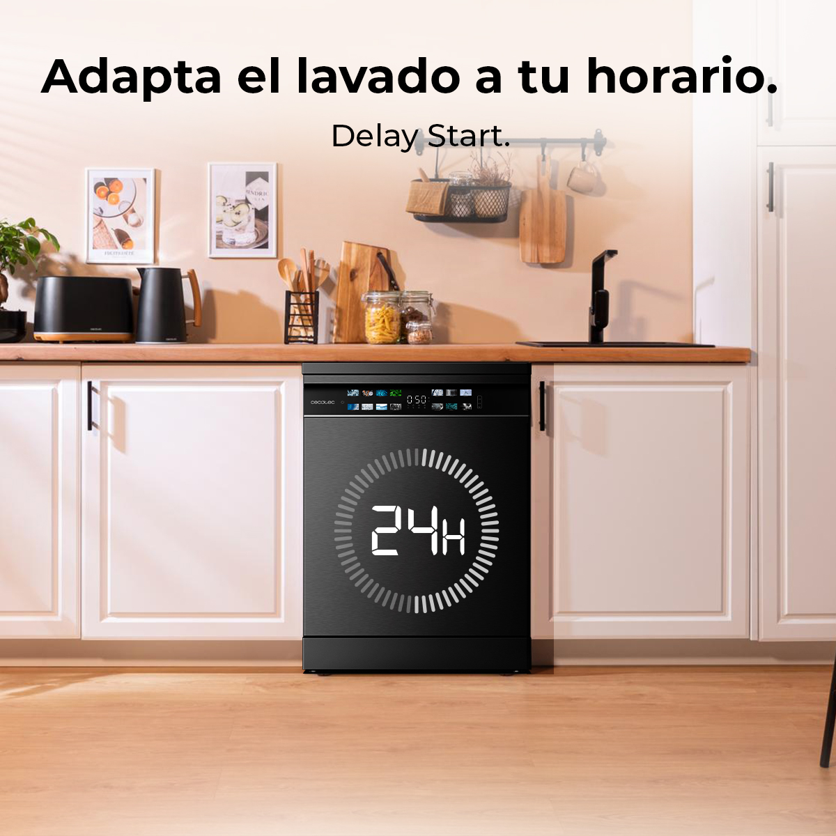 Czarna zmywarka wyświetlająca timer pokazujący 24 godziny, z tekstem „Delay Start”.