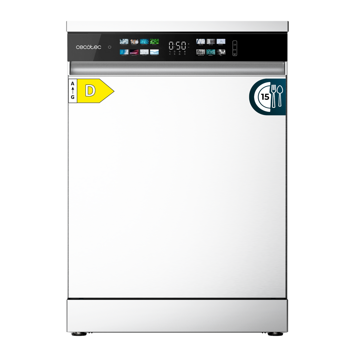 Biała zmywarka z czarnym panelem sterowania. Posiada etykietę efektywności energetycznej i ikonę sztućców.