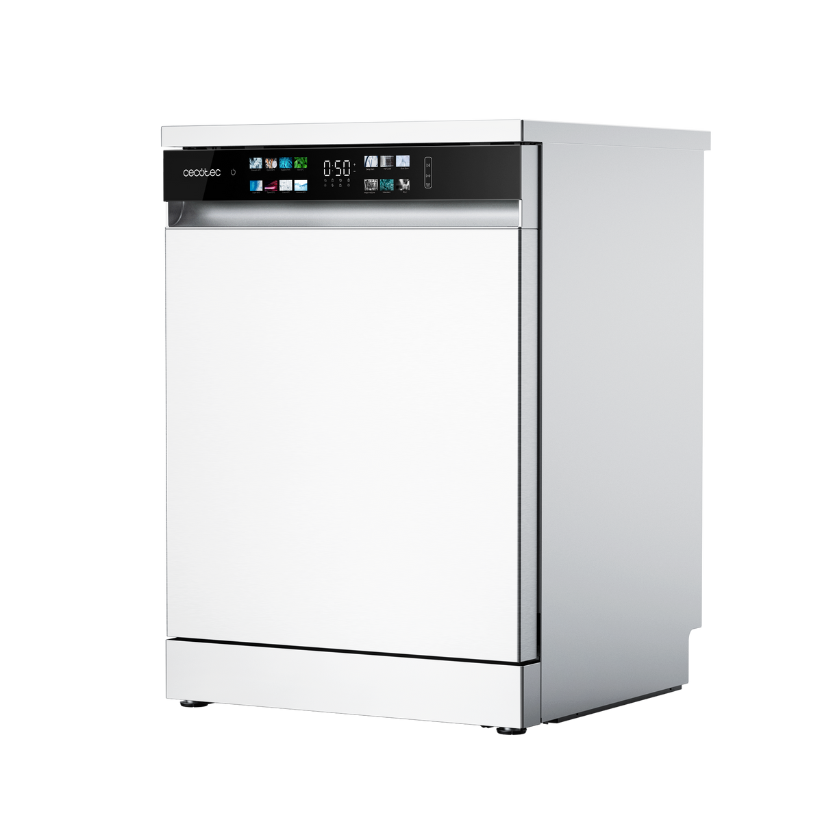 Biała zmywarka z czarnym panelem sterowania u góry, wyświetlającym godzinę i ikony. Czarne tło.