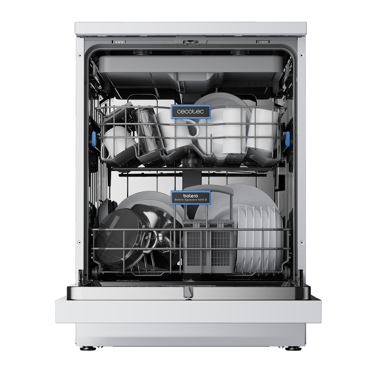 Zmywarka z otwartymi drzwiami, pokazująca kosze z talerzami, kubkami i logo Cecotec.