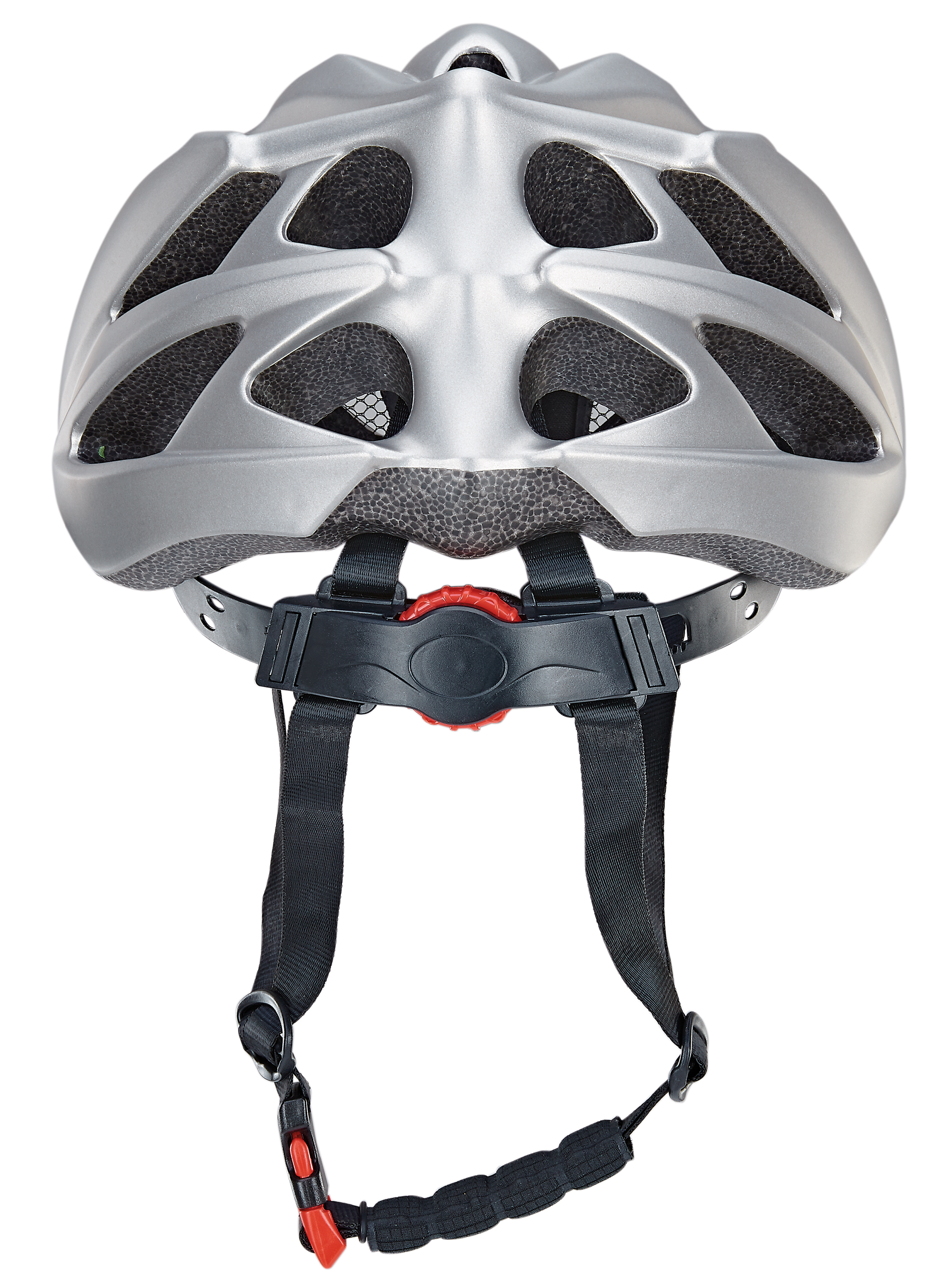 Silberner Fahrradhelm. Ein silberner Helm mit schwarzen Riemen und rotem Verstellrad. Es hat Belüftungsöffnungen.
