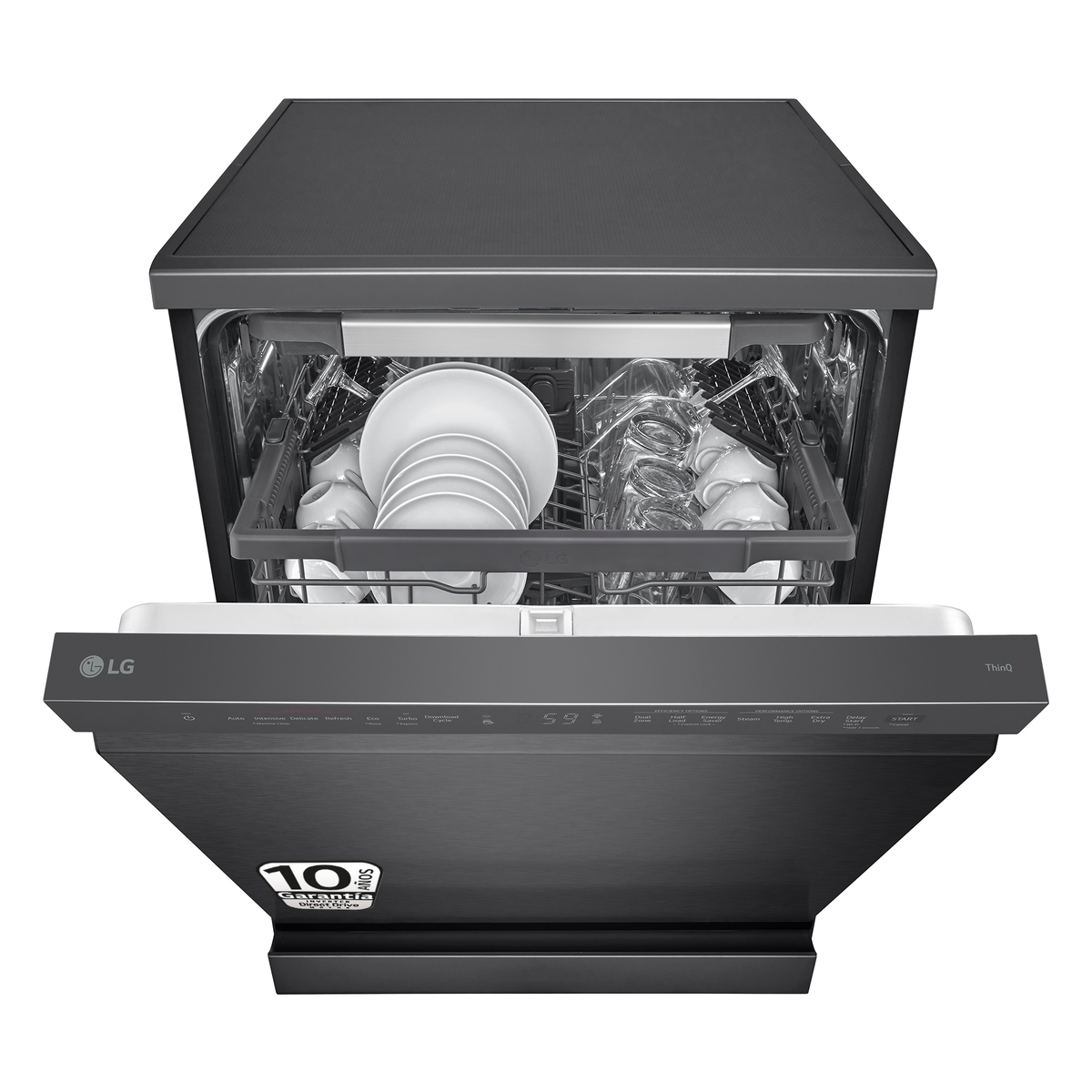 Zmywarka otwarta, z białymi naczyniami w środku. Otwarte drzwi pokazują elementy sterujące.