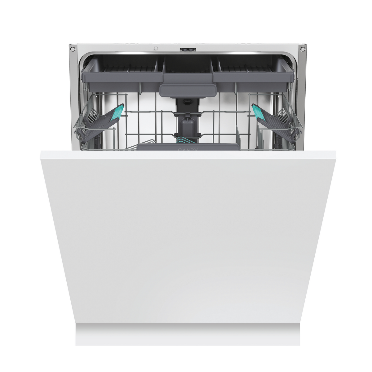 Otwarta biała zmywarka pokazująca wewnętrzne kosze i ramiona natryskowe. Wnętrze jest szare.