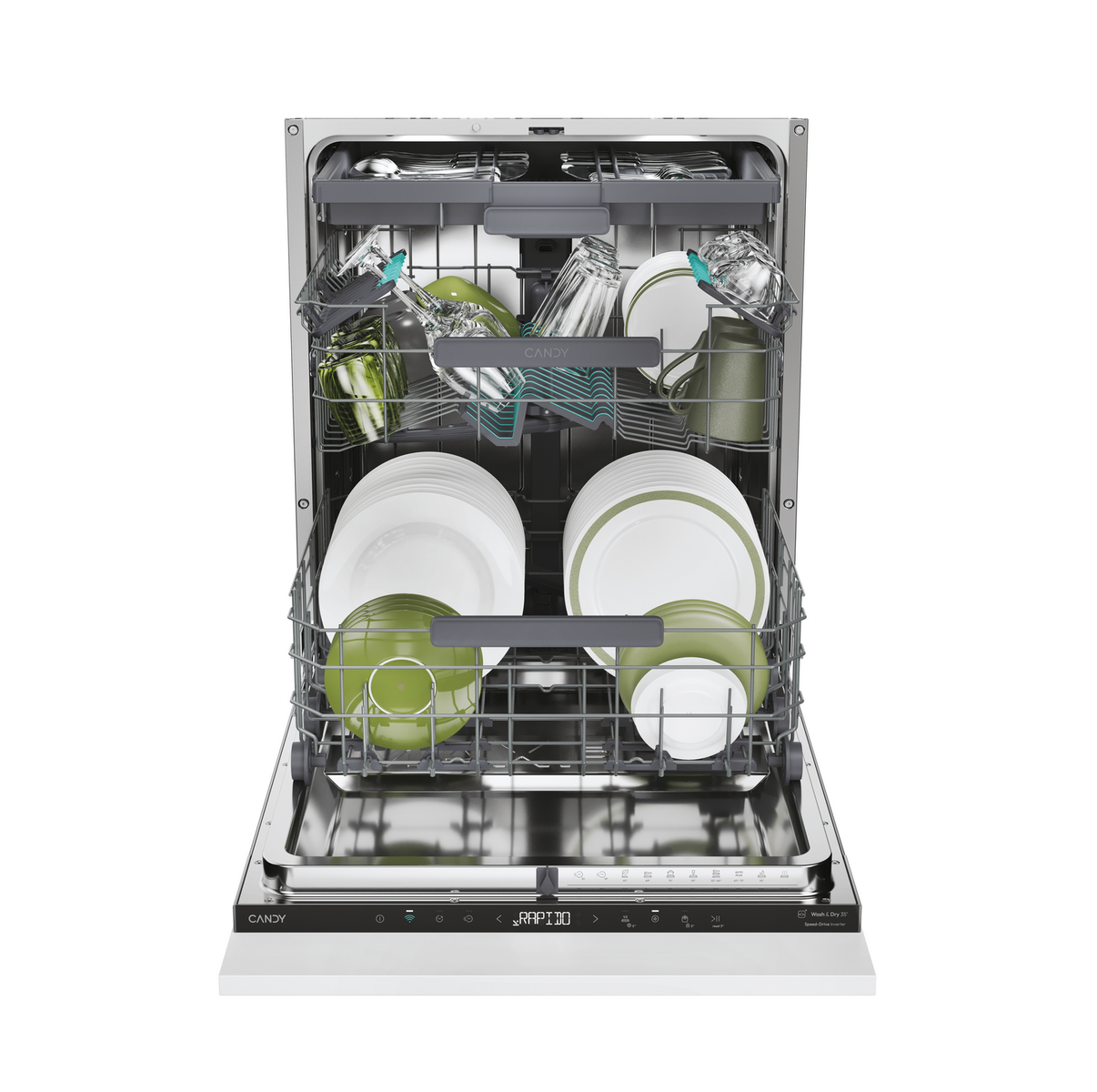 Zmywarka z otwartymi drzwiami, pełna czystych naczyń, szklanek i sztućców. Widok wnętrza.