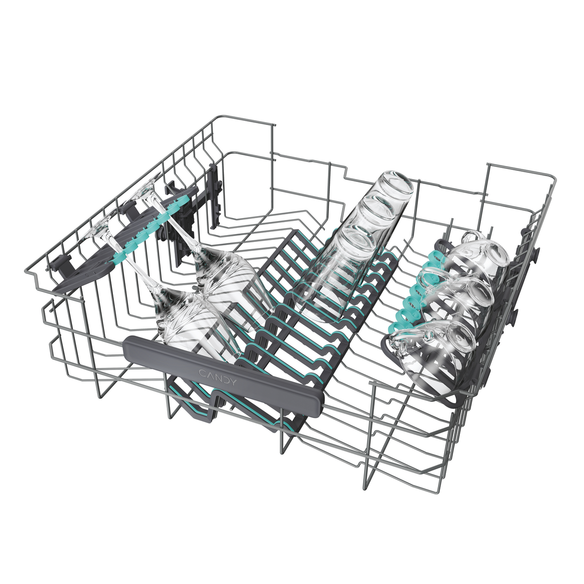 Regał zmywarki ze szklankami i sztućcami, srebrny i zielony, na białym tle.