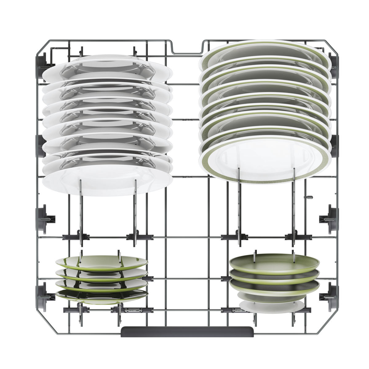 Stelaż zmywarki, talerze ułożone w środku, na białym tle.