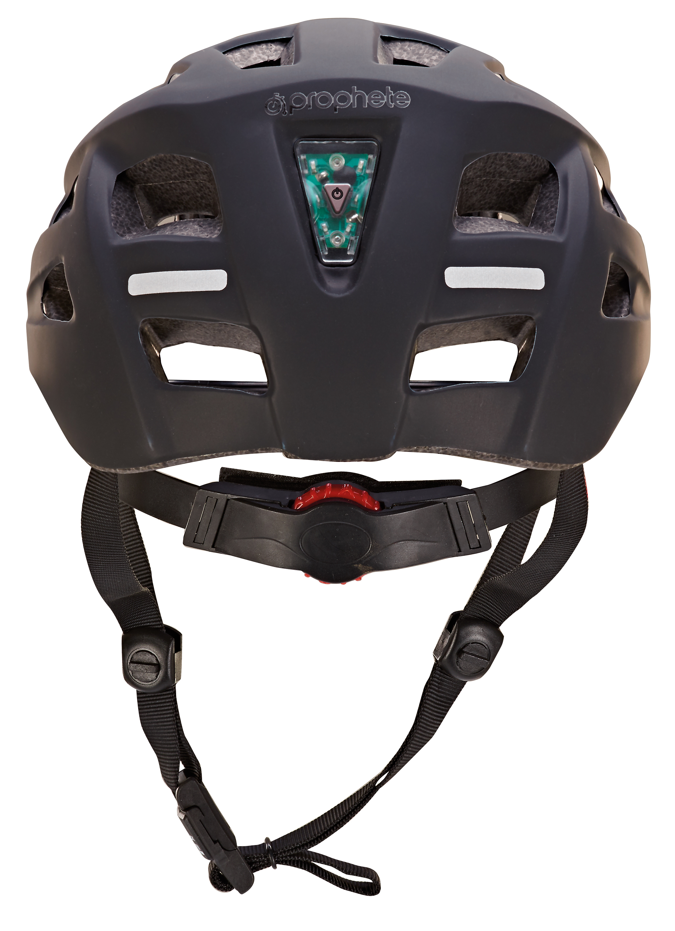 Schwarzer Fahrradhelm mit Riemen, rotem Versteller und Rücklicht.