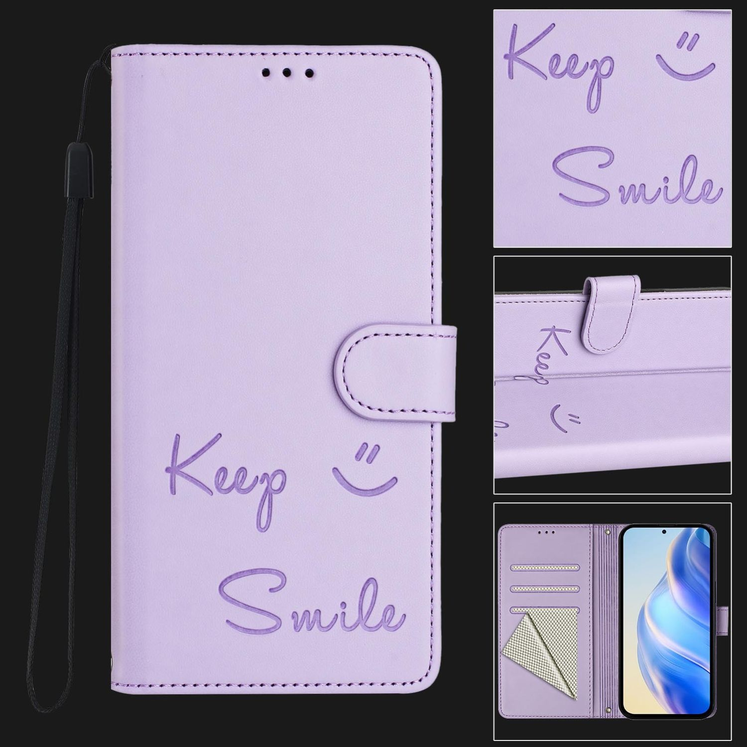 Lila Handyhülle mit 'Keep Smile'-Text, einem Trageriemen und einem Schnappverschluss. Enthält Detailbilder.