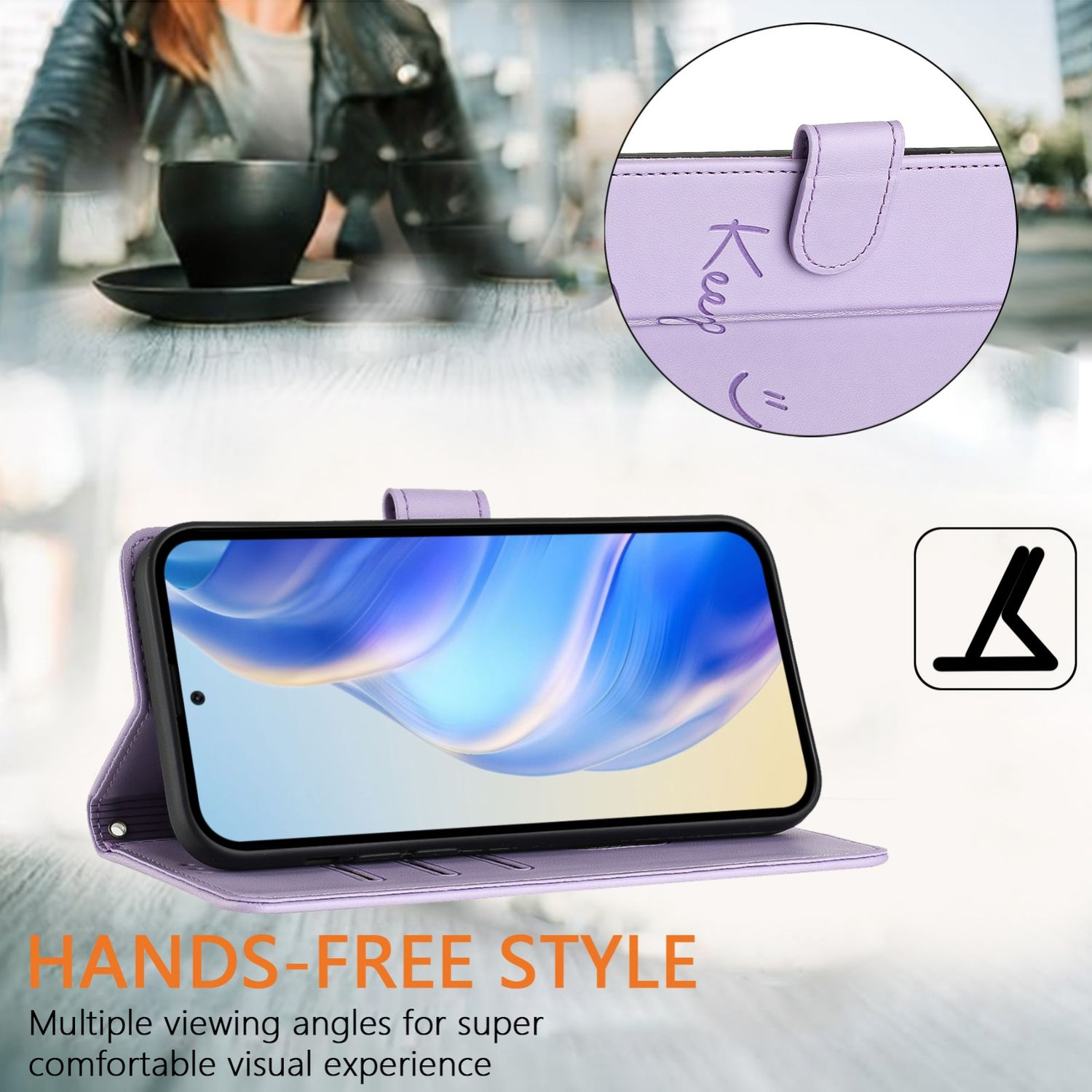 Lila Handyhülle offen, mit Handy und Stift, Text Keep smiling.