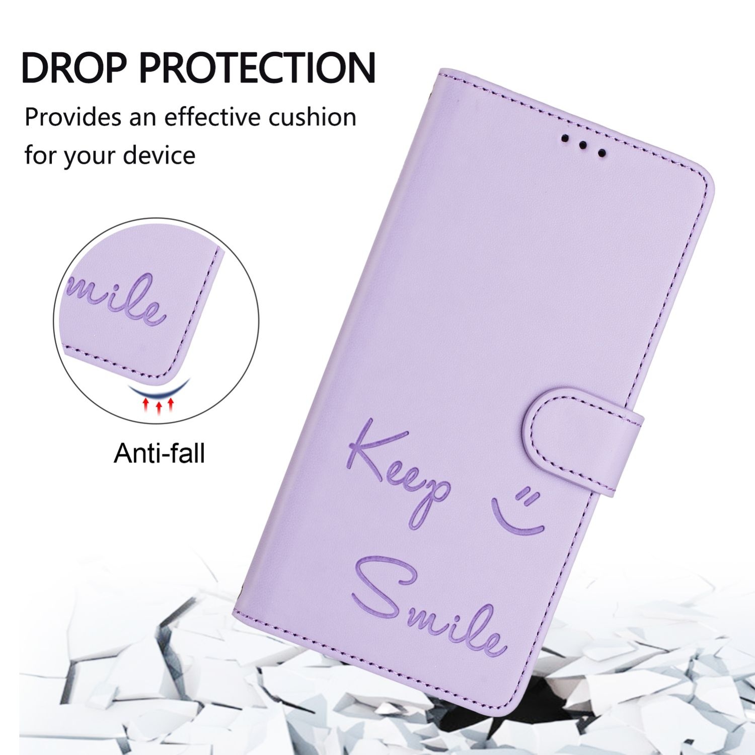 Lila Handyhülle mit den Worten „Keep Smile“ und einem Smiley. Bietet Fallschutz.